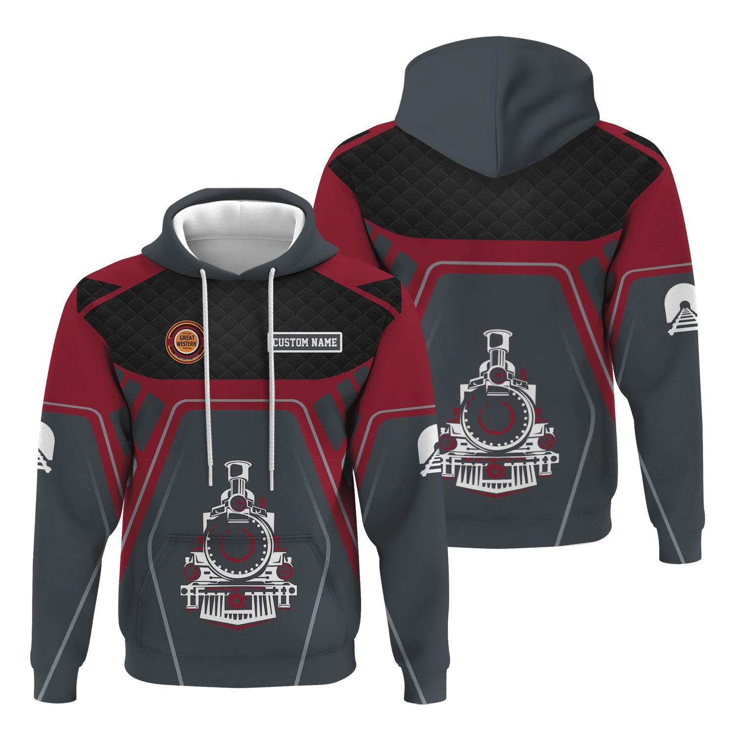 Railspirit Personalized Chicago Great Western Railroad Hoodie Steam Locomotive Engine Graphic Train Zip Up Hoodie All Over Print