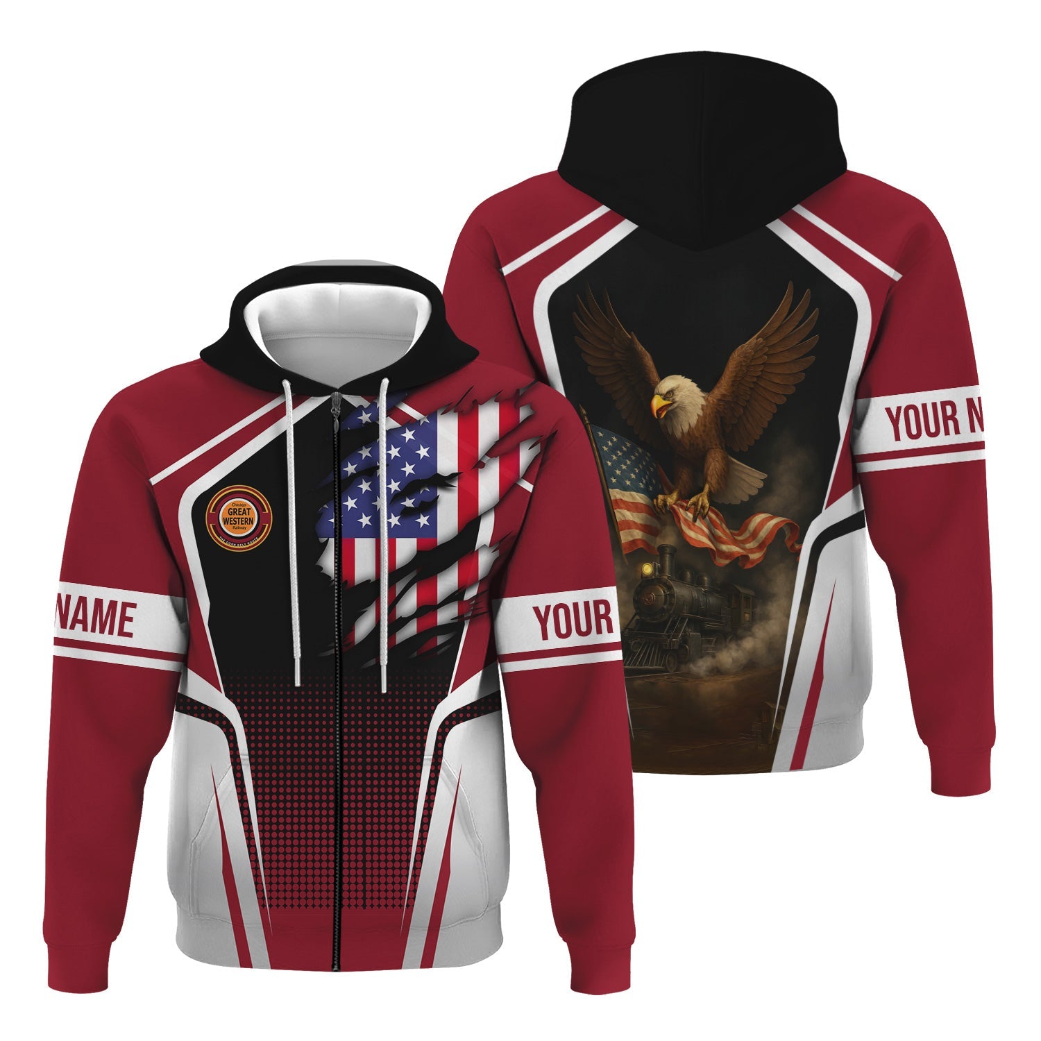 Railspirit Personalized Chicago Great Western Railroad Hoodie American Eagle Vintage Train Zip Up Hoodie