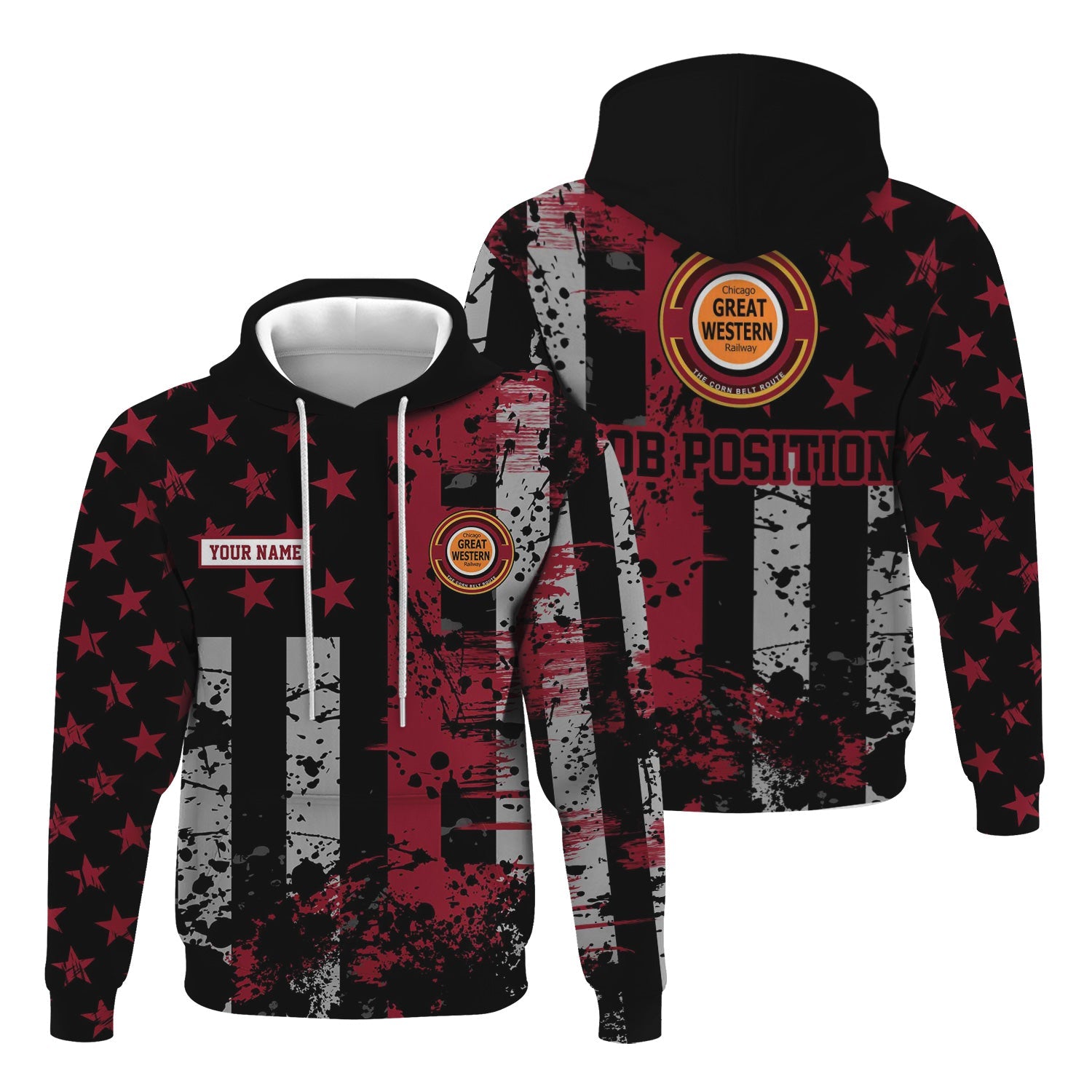 Railspirit Personalized Chicago Great Western Railroad Hoodie Artistic Paint American Flag Style Train Zip Up Hoodie