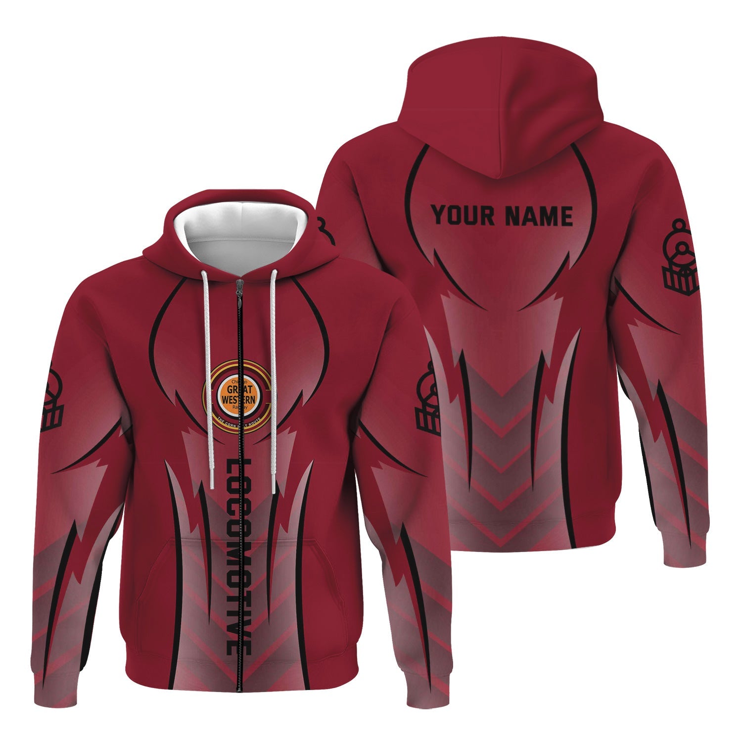 Railspirit Personalized Chicago Great Western Railroad Hoodie Striking Line Style Train Zip Up Hoodie For Locomotive Lovers