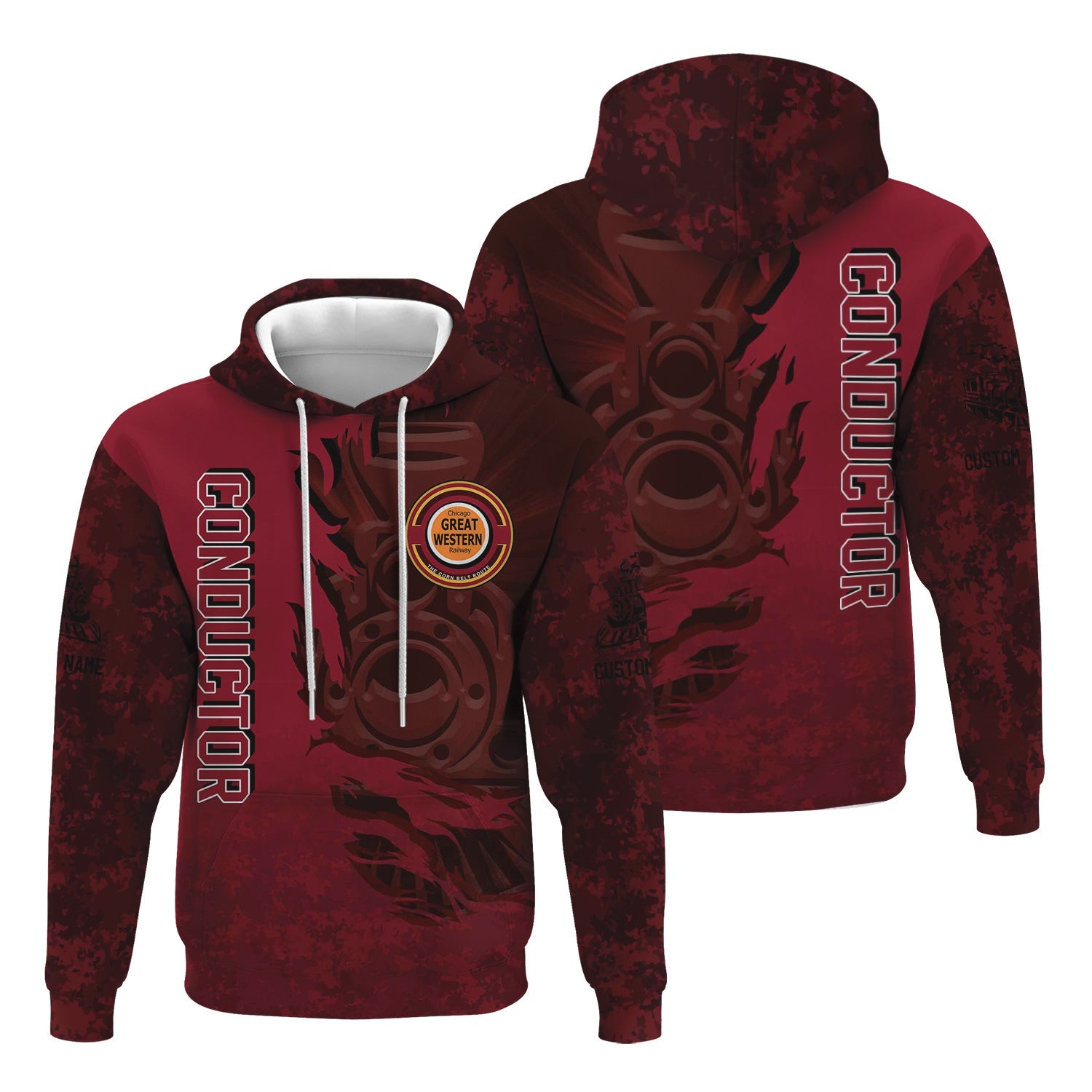 Railspirit Personalized Chicago Great Western Railroad Hoodie Blazing Style with Custom Position Train Zip Up Hoodie