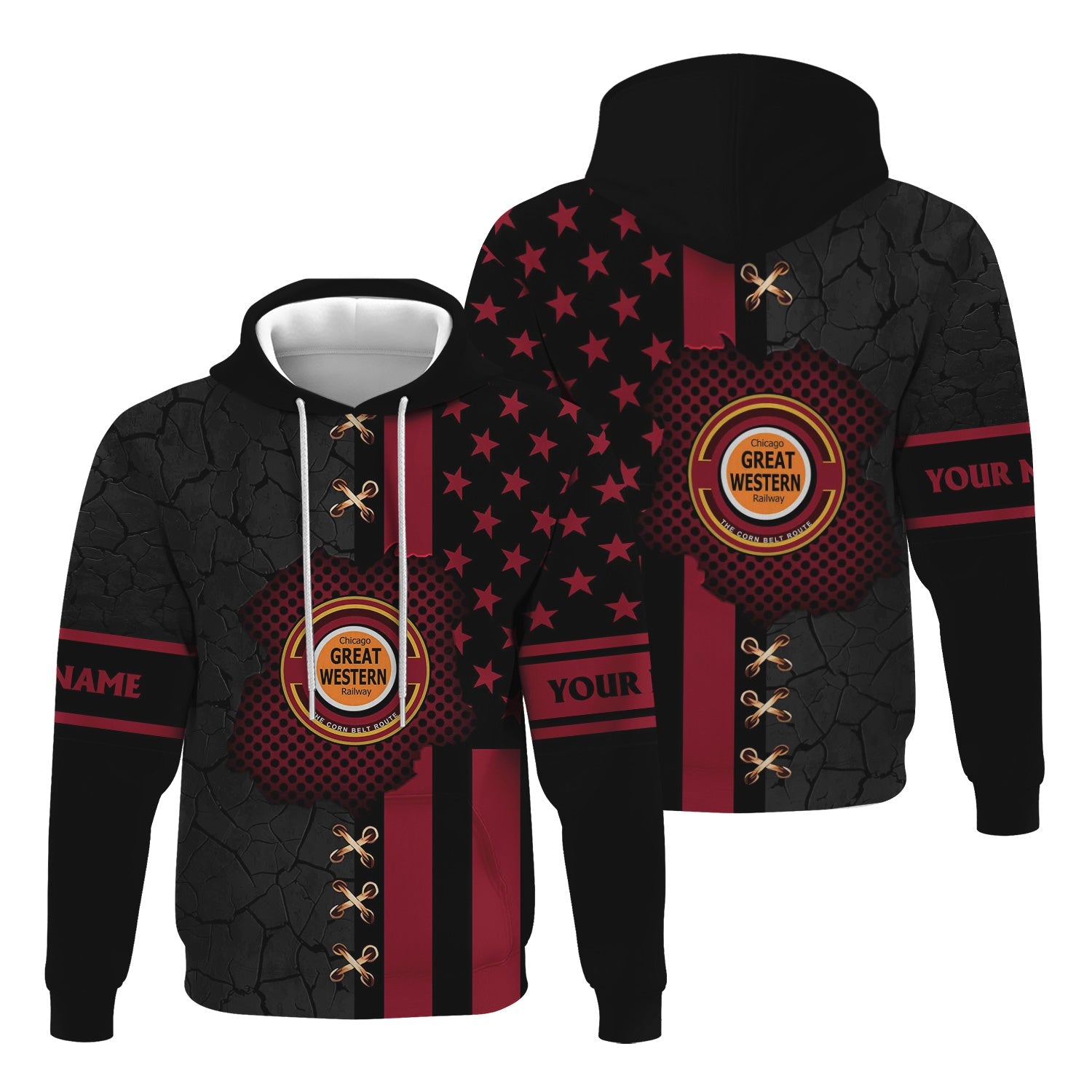 Railspirit Personalized Chicago Great Western Railroad Hoodie American Flag with Crack Effect Train Zip Up Hoodie