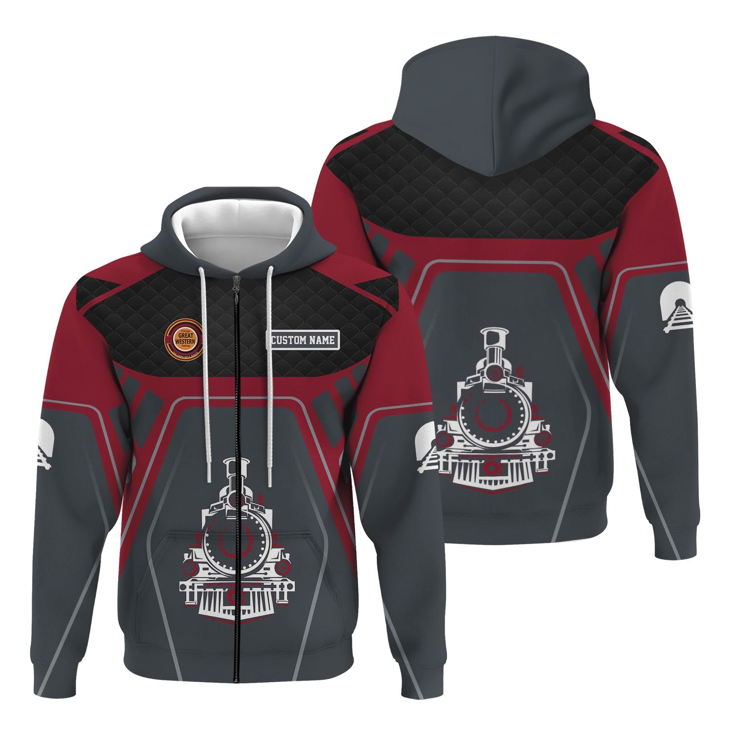 Railspirit Personalized Chicago Great Western Railroad Hoodie Steam Locomotive Engine Graphic Train Zip Up Hoodie All Over Print