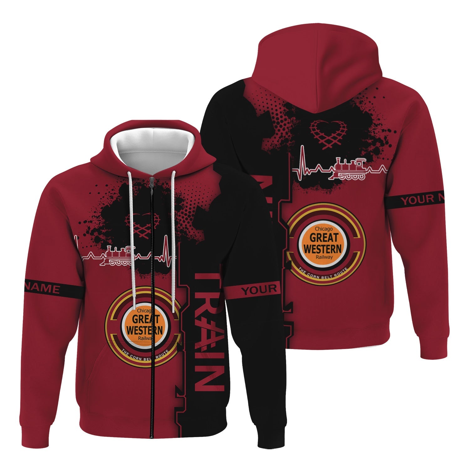 Railspirit Personalized Chicago Great Western Railroad Hoodie Engine Heartbeat and Track Love Style Zip Up Hoodie Gift Idea For Train Lovers