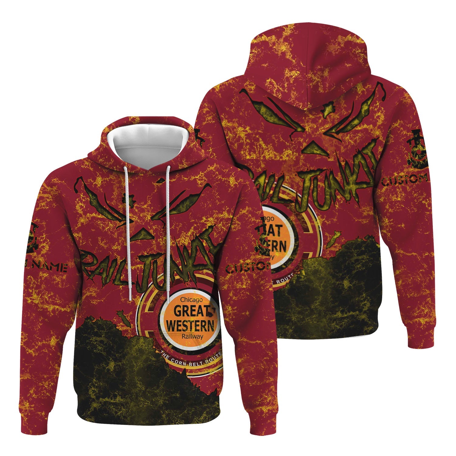 Railspirit Personalized Chicago Great Western Railroad Hoodie Torn Graphic Style Train Zip Up Hoodie For Rail Junkie