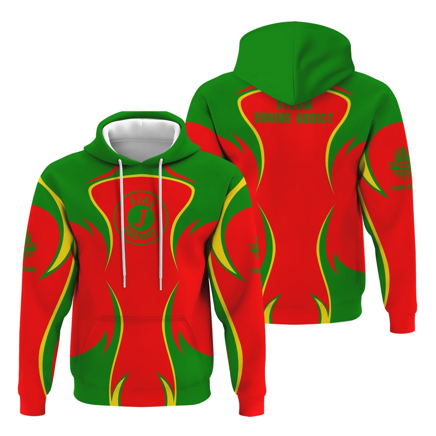 Railspirit Personalized Elgin Joliet And Eastern Railroad Hoodie Distinctive Flame Style Zip Up Hoodie For Steam Engine Addict