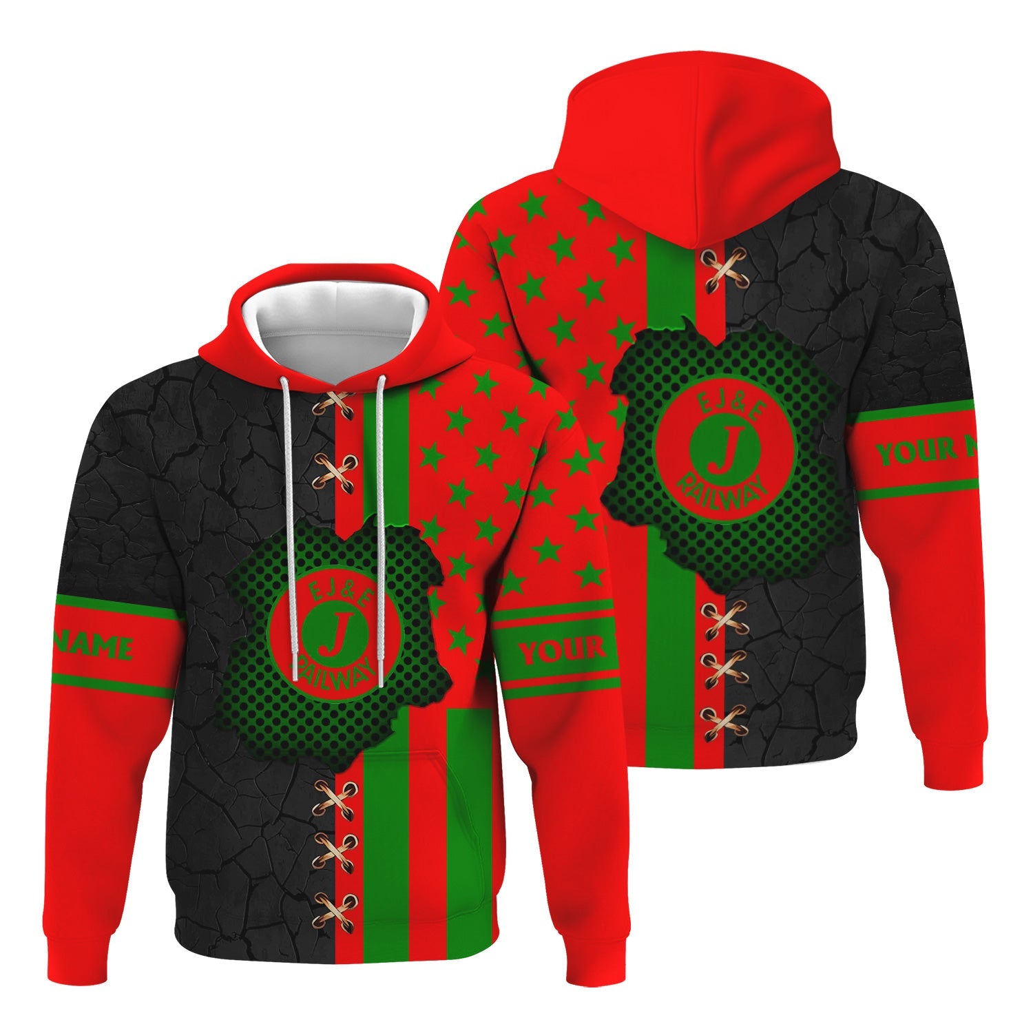 Railspirit Personalized Elgin Joliet And Eastern Railroad Hoodie American Flag with Crack Effect Train Zip Up Hoodie