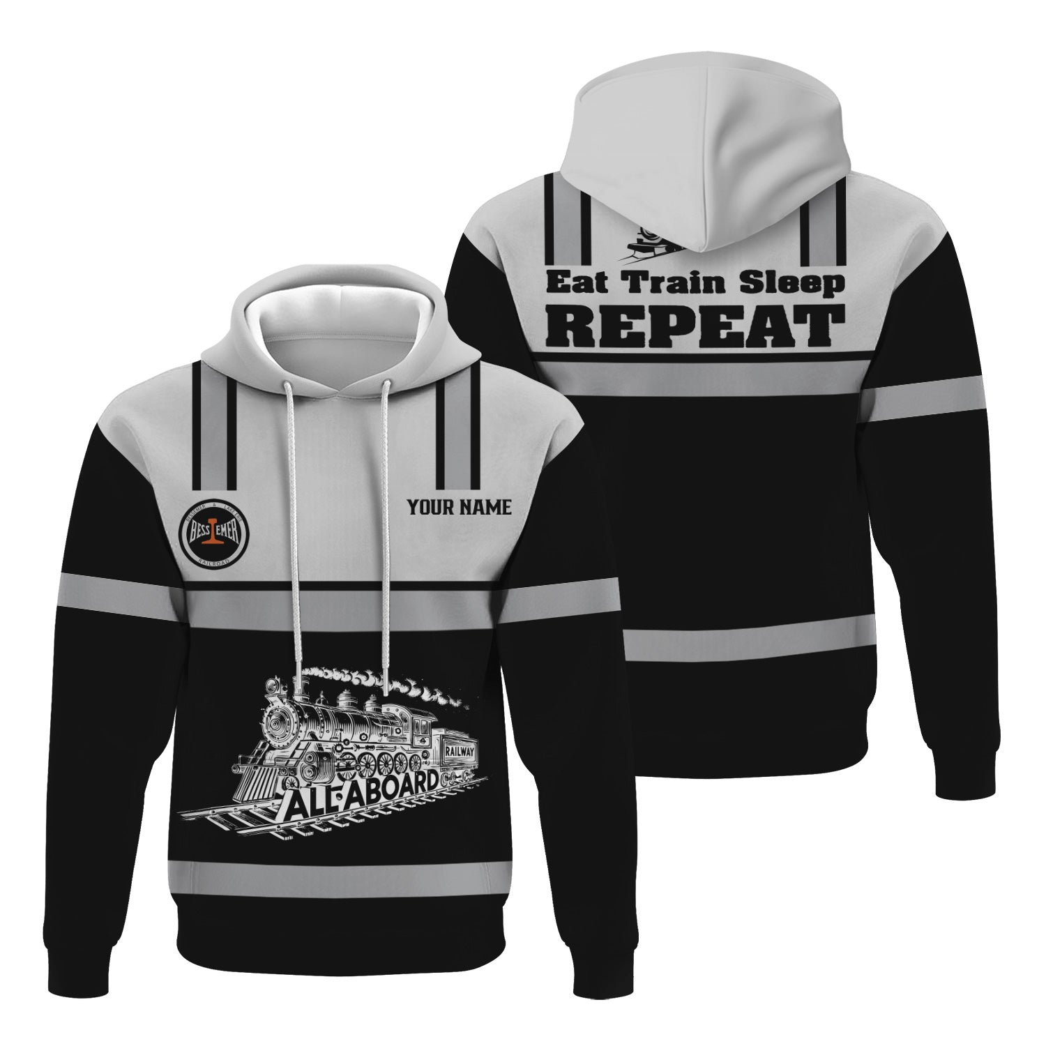 Railspirit Custom Name Bessemer And Lake Erie Railroad Hoodie Eat Train Sleep Repeat Printed Train Zip Hoodie