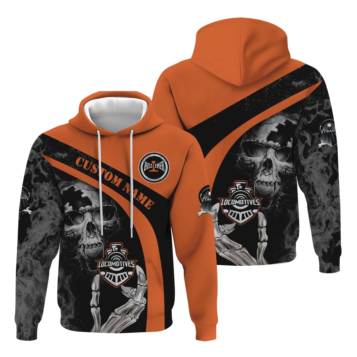 Railspirit Personalized Bessemer And Lake Erie Railroad Hoodie Flame Skull Design Train Zip Up Hoodie for Locomotive Fans