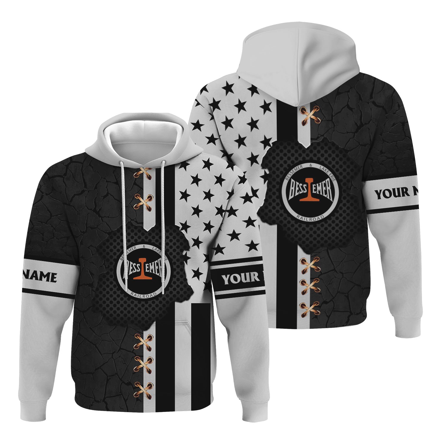 Railspirit Personalized Bessemer And Lake Erie Railroad Hoodie American Flag with Crack Effect Train Zip Up Hoodie