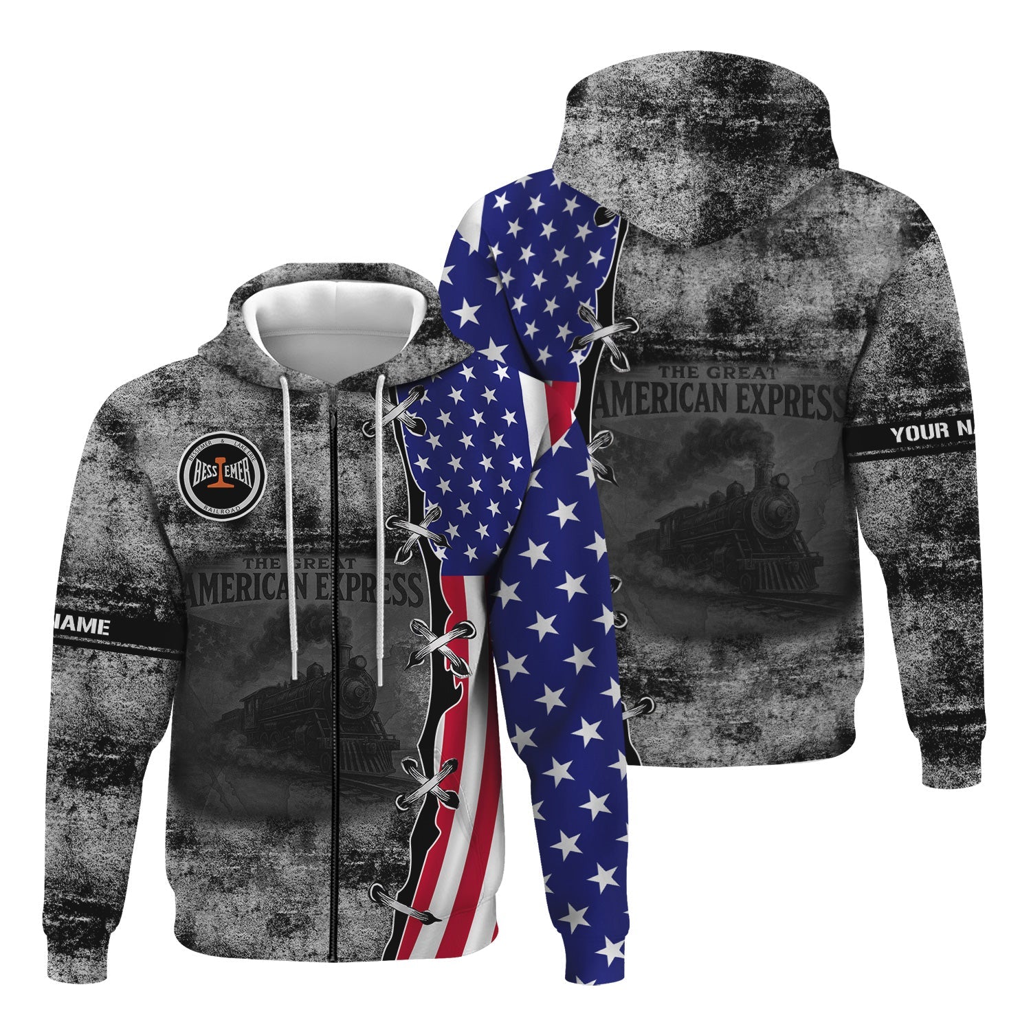 Railspirit Personalized Bessemer And Lake Erie Railroad Hoodie Retro American Express Train With USA Flag Zip Up Hoodie