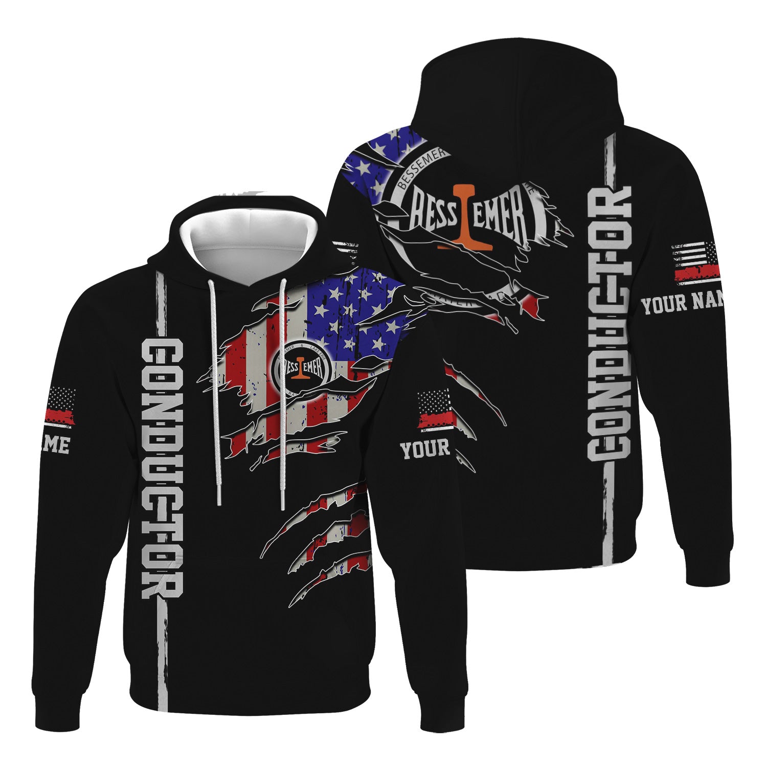 Railspirit Personalized Bessemer And Lake Erie Railroad Hoodie USA Flag Claw Art with Custom Job Train Zip Up Hoodie