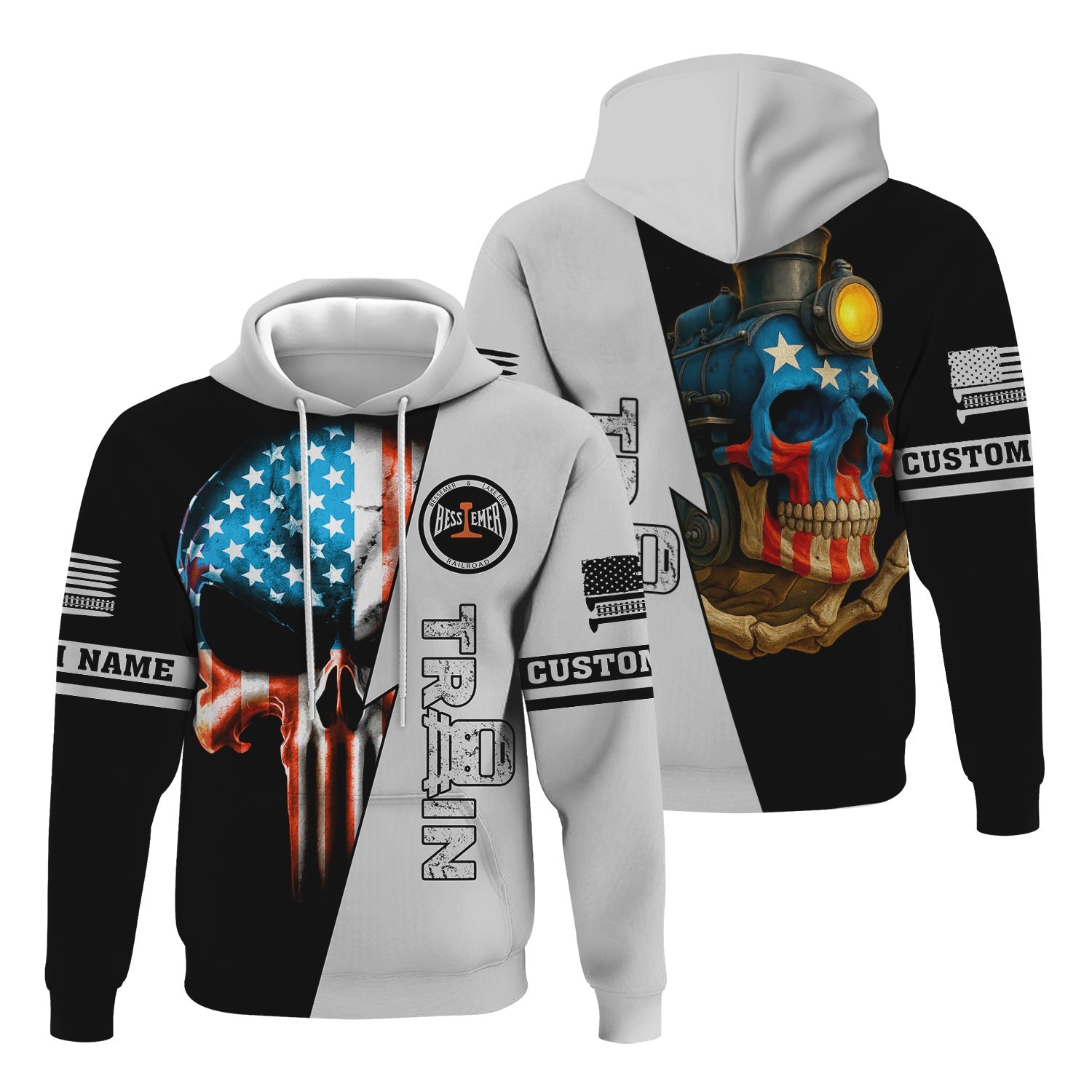 Railspirit Personalized Bessemer And Lake Erie Railroad Hoodie Train Skull American Flag Zip Up Hoodie All Over Print