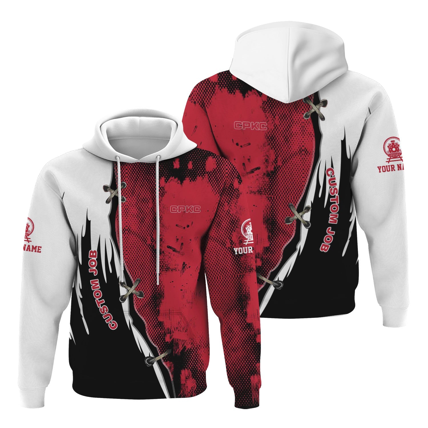 Railspirit Personalized Canadian Pacific Kansas City Hoodie Retro Stitches Design with Custom Position CPKC Train Zip Up Hoodie