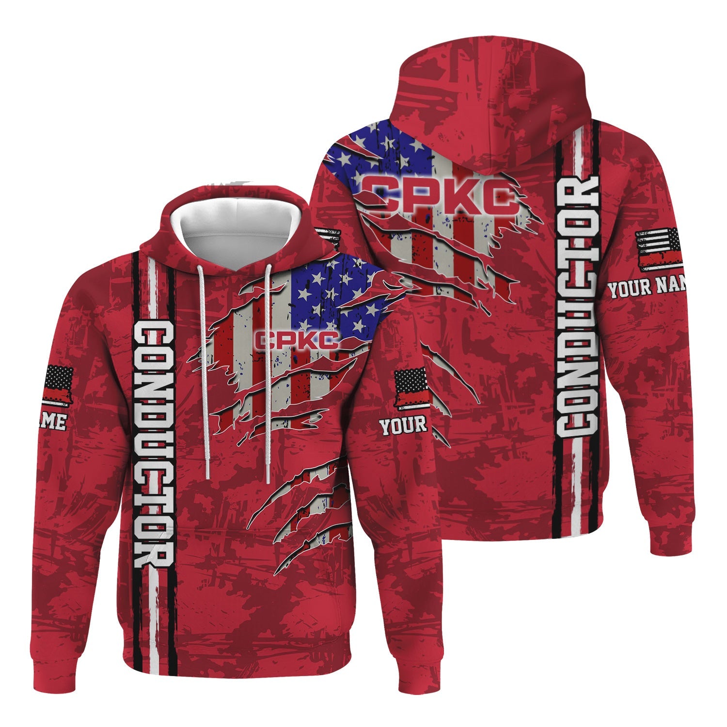 Railspirit Personalized Canadian Pacific Kansas City Hoodie USA Flag Claw Art with Custom Job CPKC Train Zip Up Hoodie