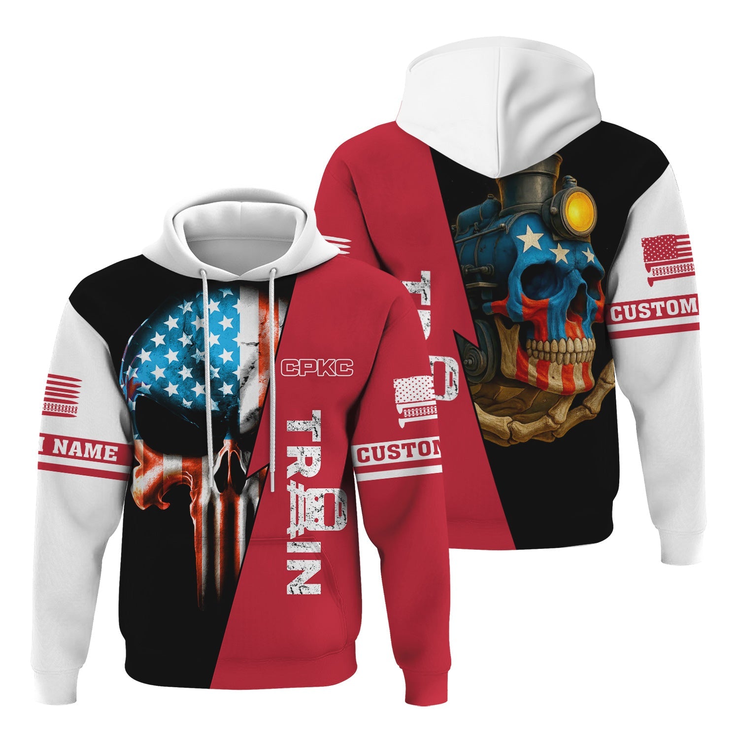 Railspirit Personalized Canadian Pacific Kansas City Hoodie Train Skull American Flag CPKC Zip Up Hoodie All Over Print