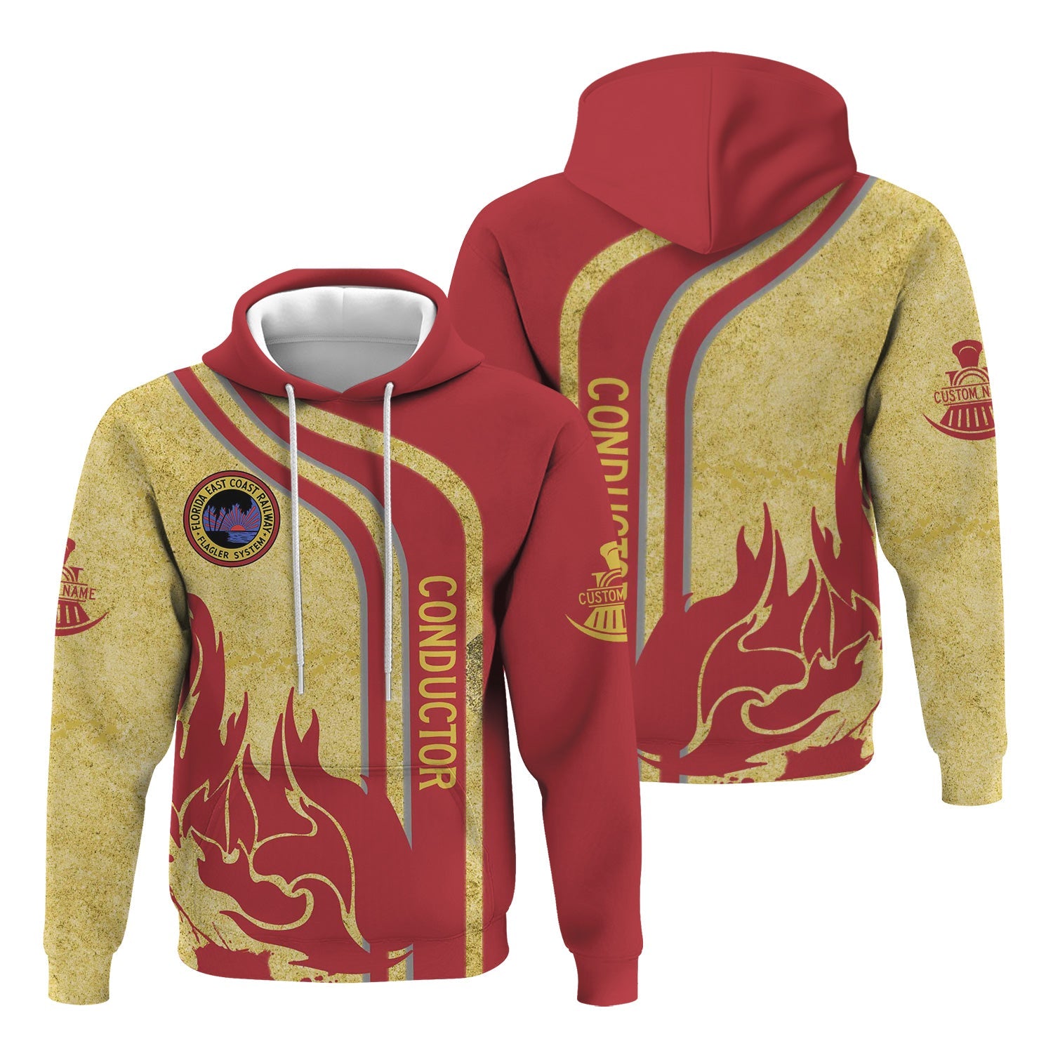 Railspirit Personalized Florida East Coast Railway Hoodie Flame Design with Custom Job Position Train Zip Up Hoodie