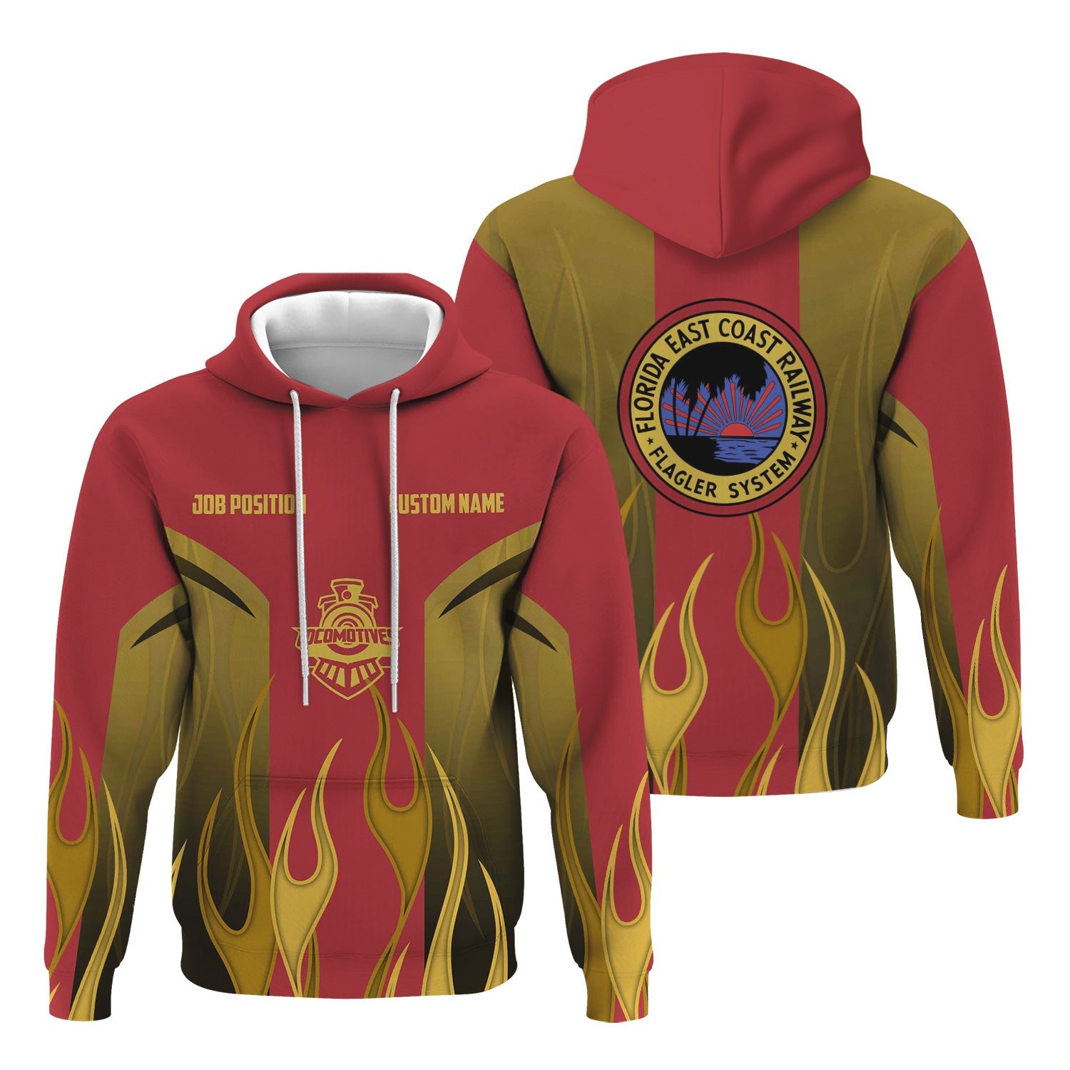 Railspirit Custom Name and Job Title Florida East Coast Railway Hoodie Flame Graphic Train Zip Up Hoodie 