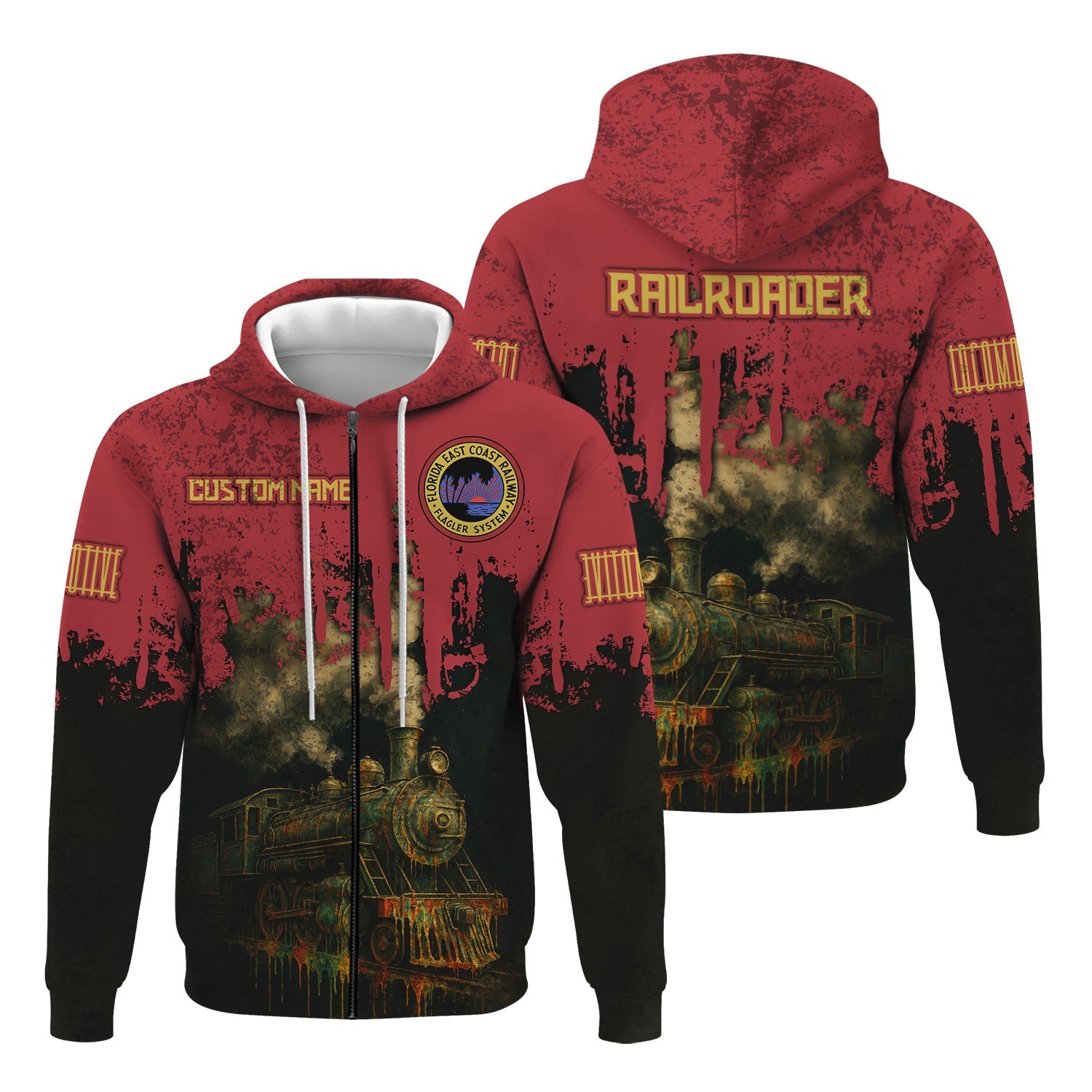 Railspirit Personalized Florida East Coast Railway Hoodie Vintage Train Art Style Zip Up Hoodie For Locomotive Fans