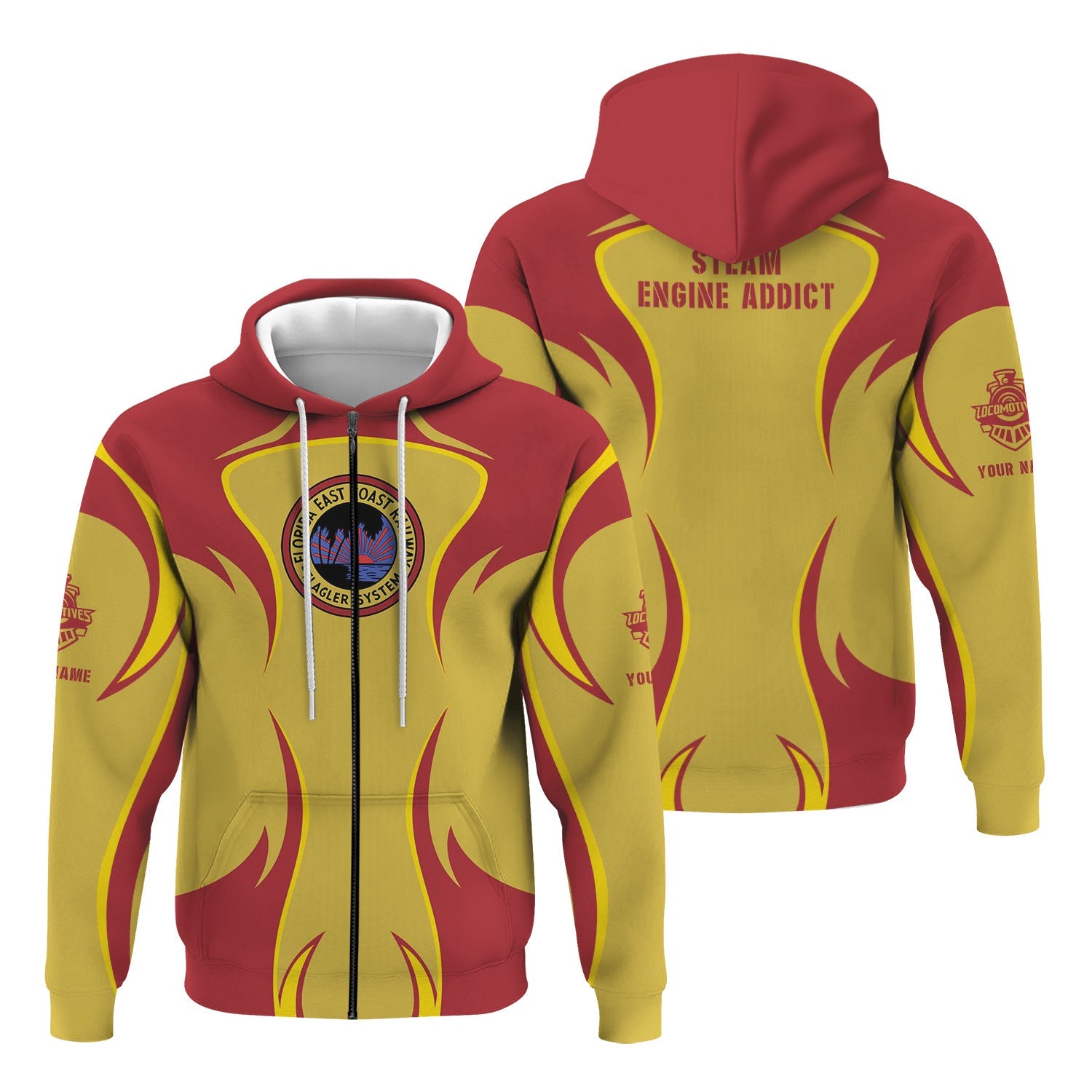 Railspirit Personalized Florida East Coast Railway Hoodie Distinctive Flame Style Zip Up Hoodie For Steam Engine Addict
