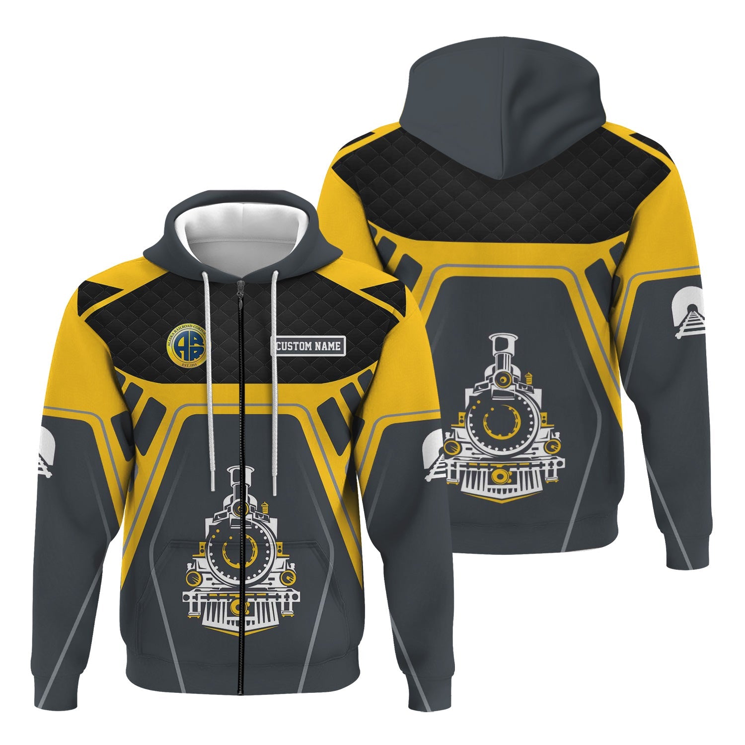 Railspirit Personalized Alaska Railroad Hoodie Steam Locomotive Engine Graphic Train Zip Up Hoodie All Over Print