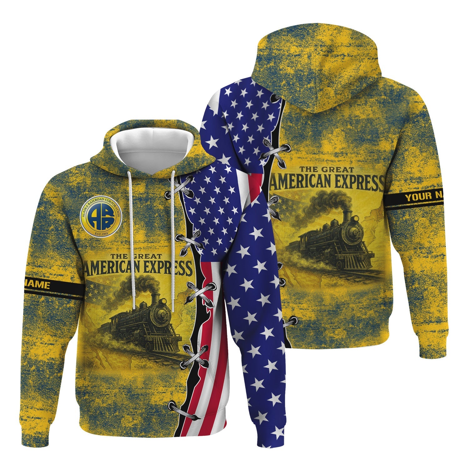 Railspirit Personalized Alaska Railroad Hoodie Retro American Express Train With USA Flag Zip Up Hoodie