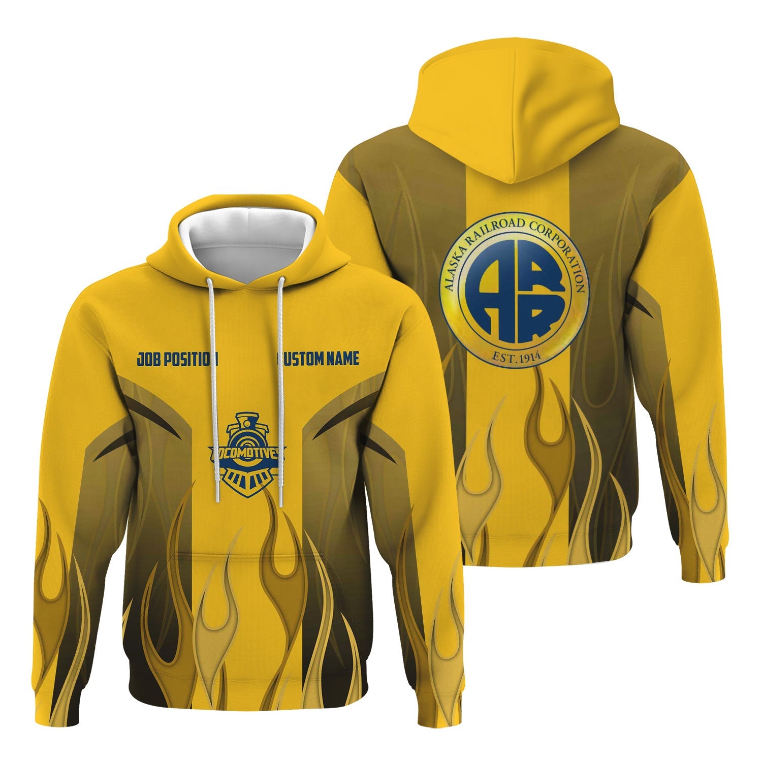 Railspirit Custom Name and Job Title Alaska Railroad Hoodie Flame Graphic Train Zip Up Hoodie 