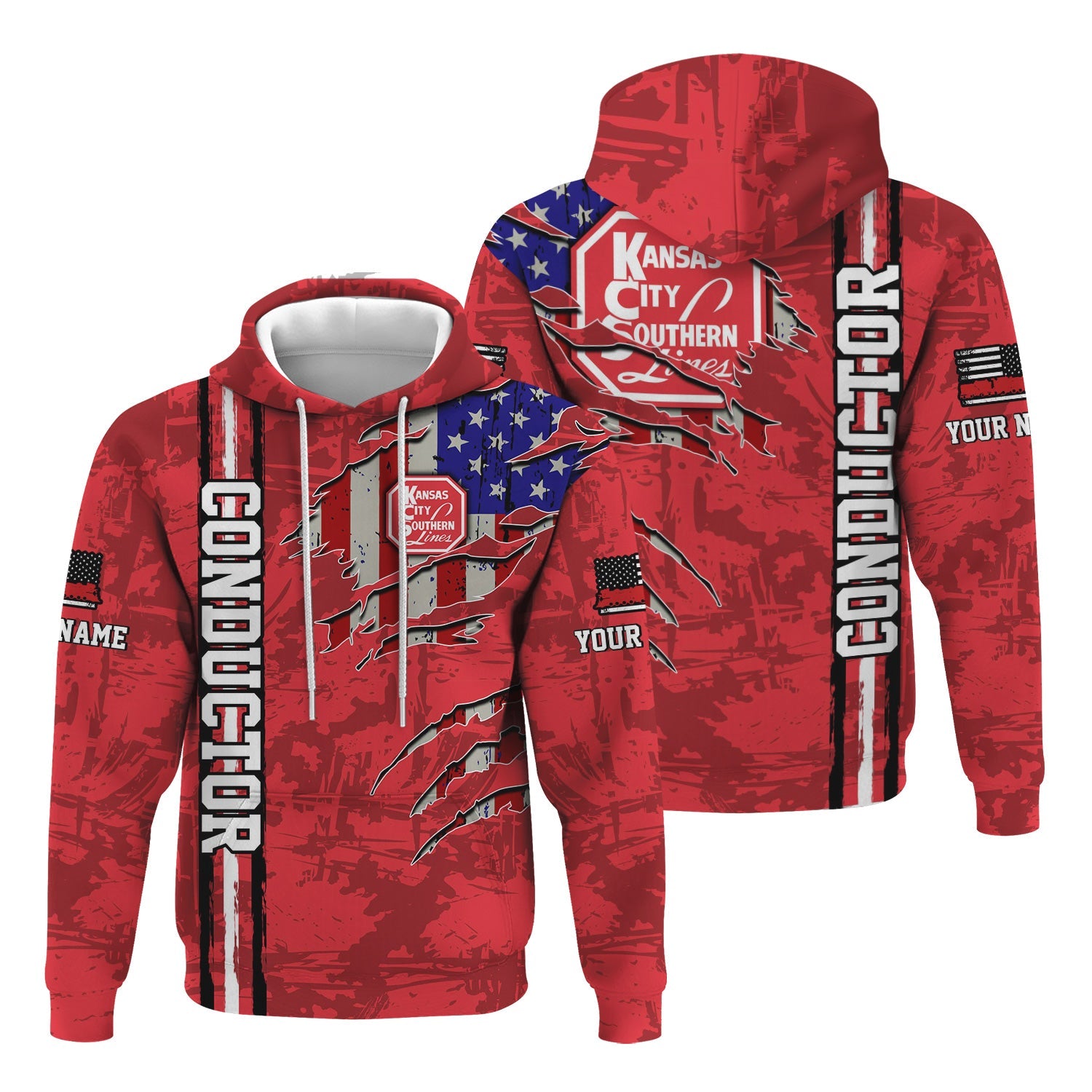 Railspirit Personalized Kansas City Southern Hoodie USA Flag Claw Art with Custom Job Train Zip Up Hoodie