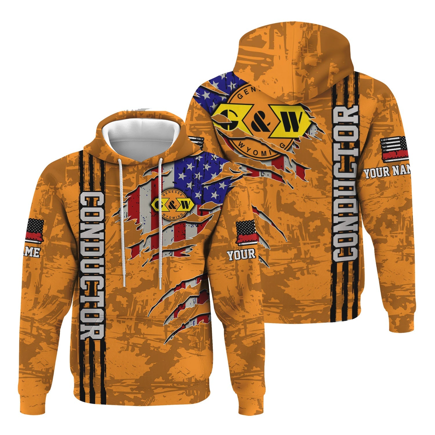 Railspirit Personalized Genesee & Wyoming Inc. Railroad Hoodie USA Flag Claw Art with Custom Job Train Zip Up Hoodie