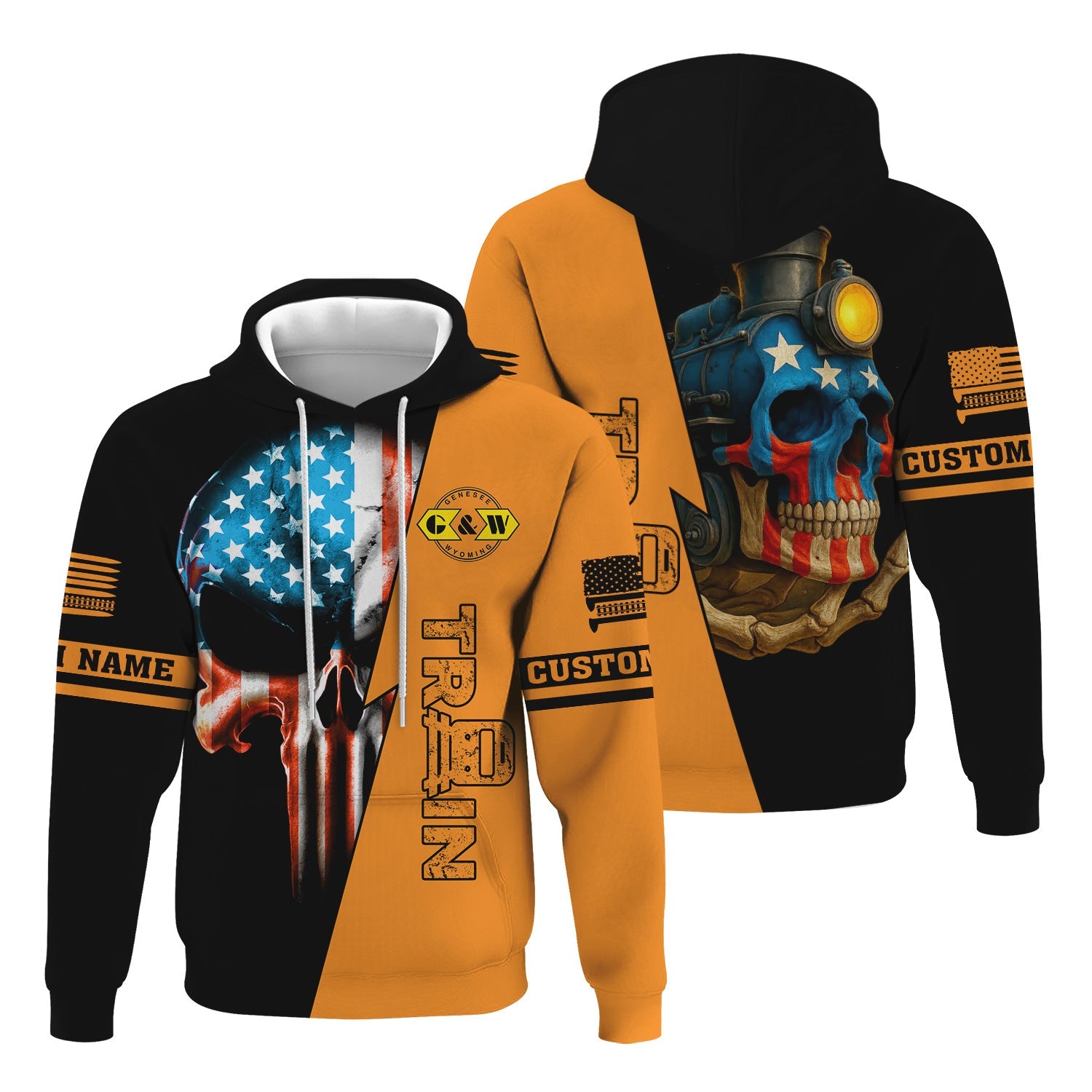 Railspirit Personalized Genesee & Wyoming Inc. Railroad Hoodie Train Skull American Flag Zip Up Hoodie All Over Print