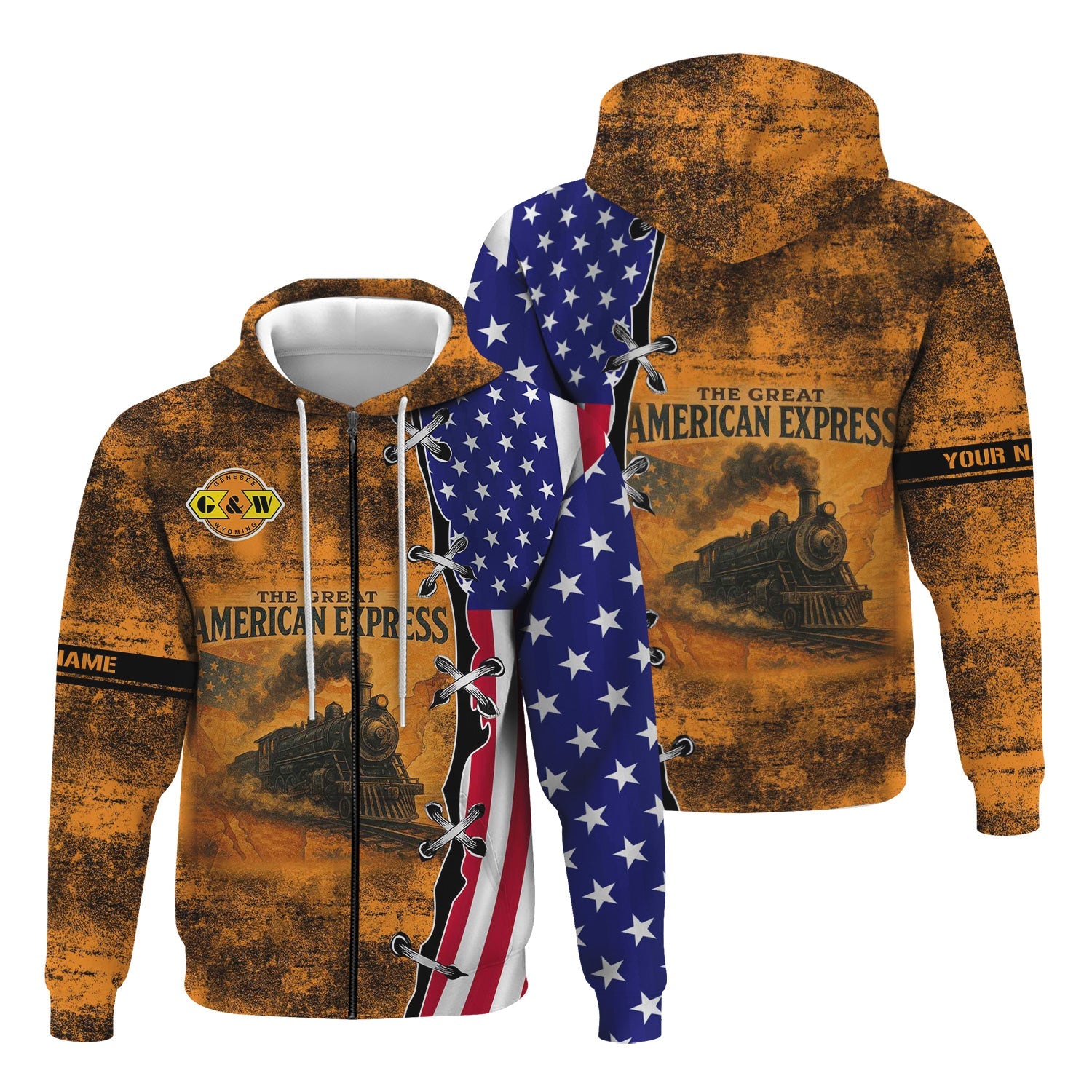 Railspirit Personalized Genesee & Wyoming Inc. Railroad Hoodie Retro American Express Train With USA Flag Zip Up Hoodie