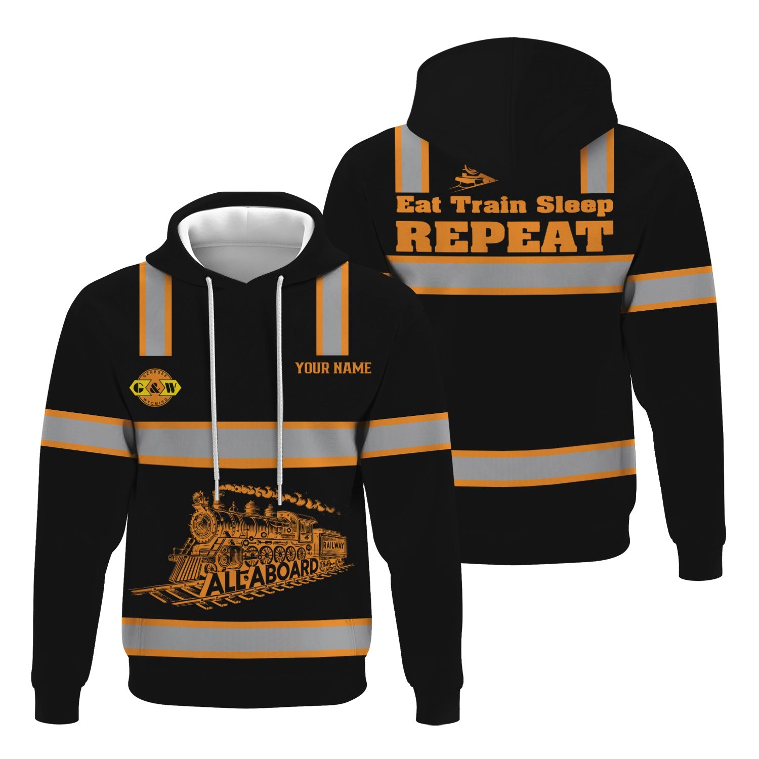 Railspirit Custom Name Genesee & Wyoming Inc. Railroad Hoodie Eat Train Sleep Repeat Printed Train Zip Hoodie