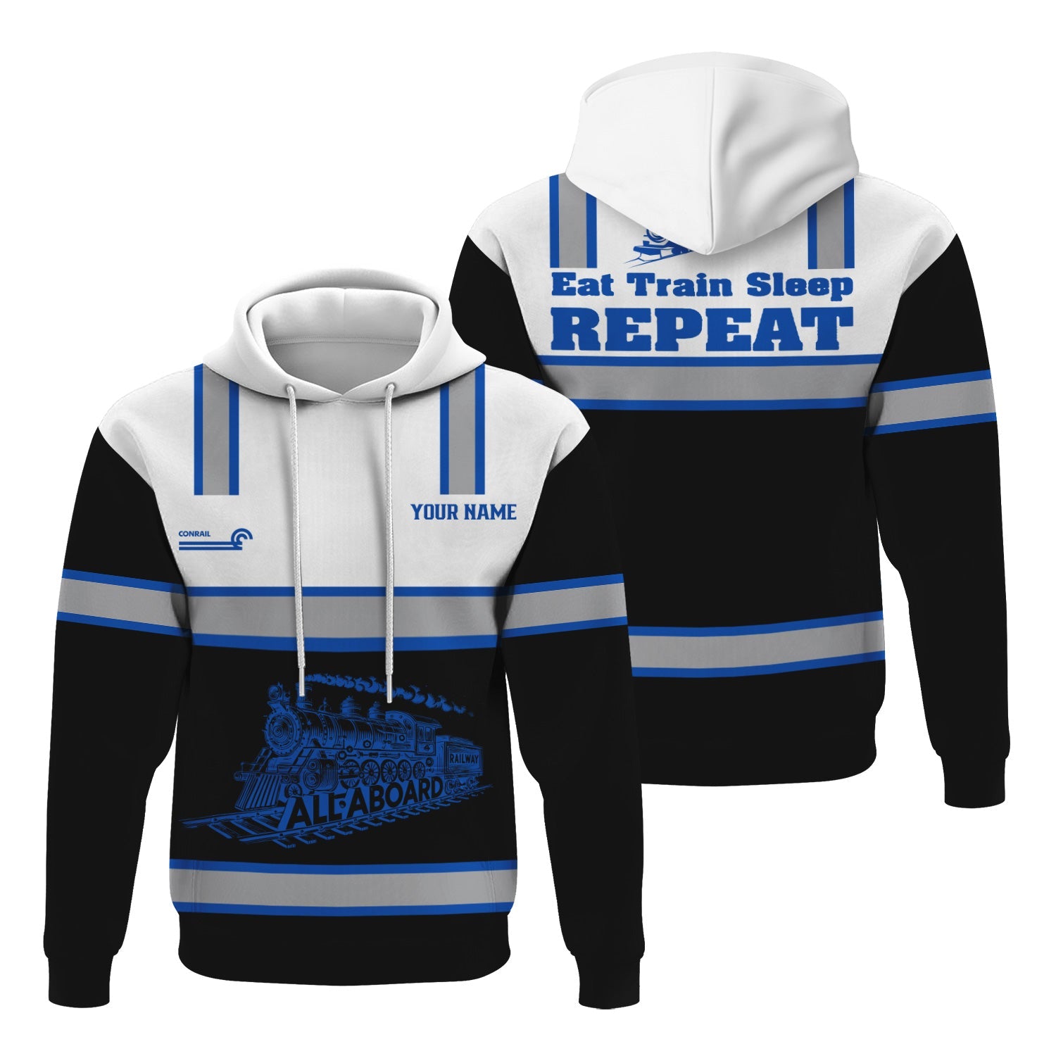 Railspirit Custom Name Conrail Railroad Hoodie Eat Train Sleep Repeat Printed Train Zip Hoodie