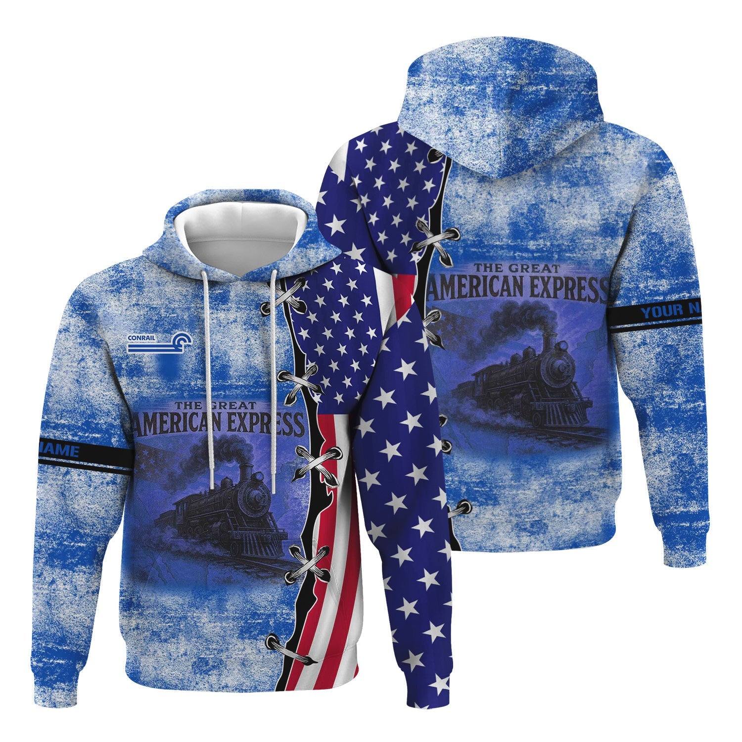 Railspirit Personalized Conrail Railroad Hoodie Retro American Express Train With USA Flag Zip Up Hoodie