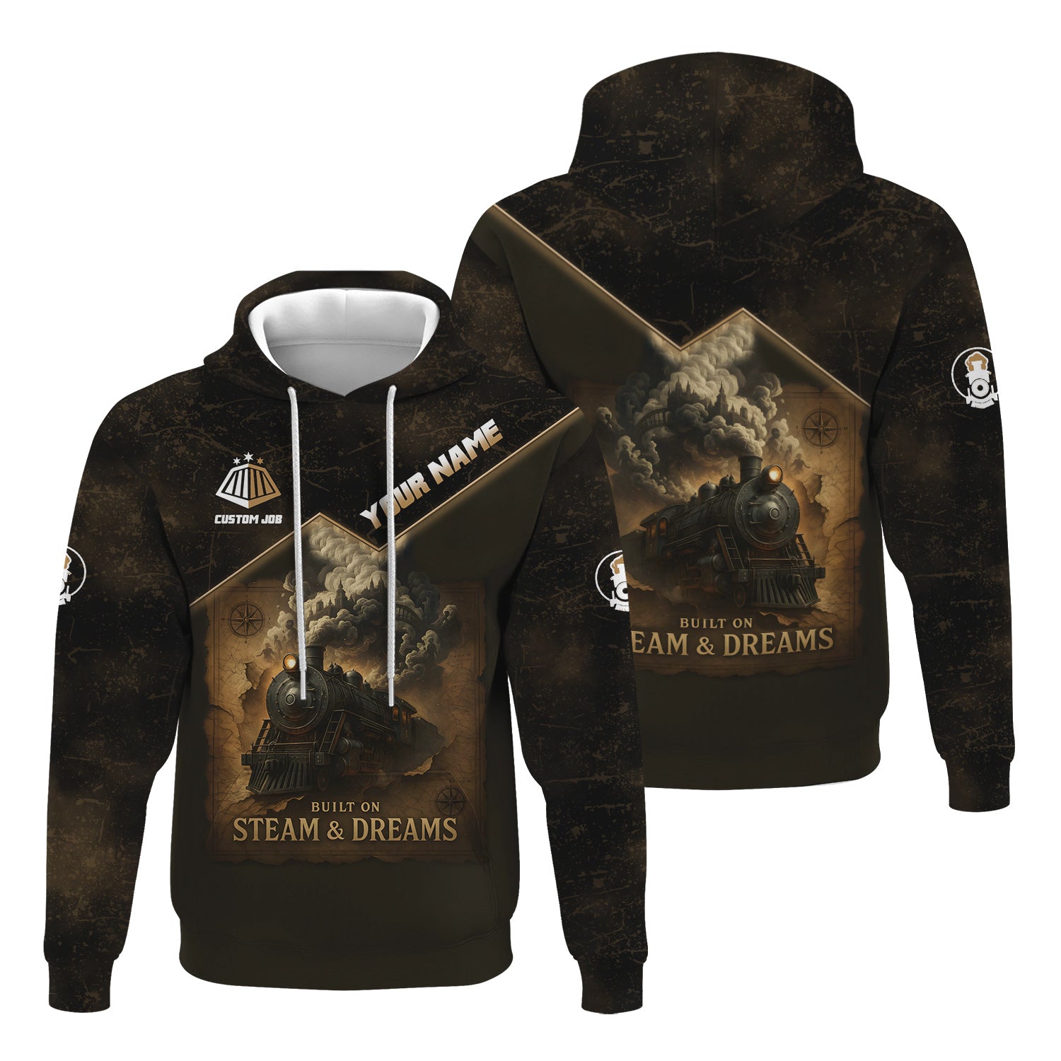 Railspirit Personalized Hoodie Built on Steam and Dreams with Custom Position Vintage Train Zip Up Hoodie