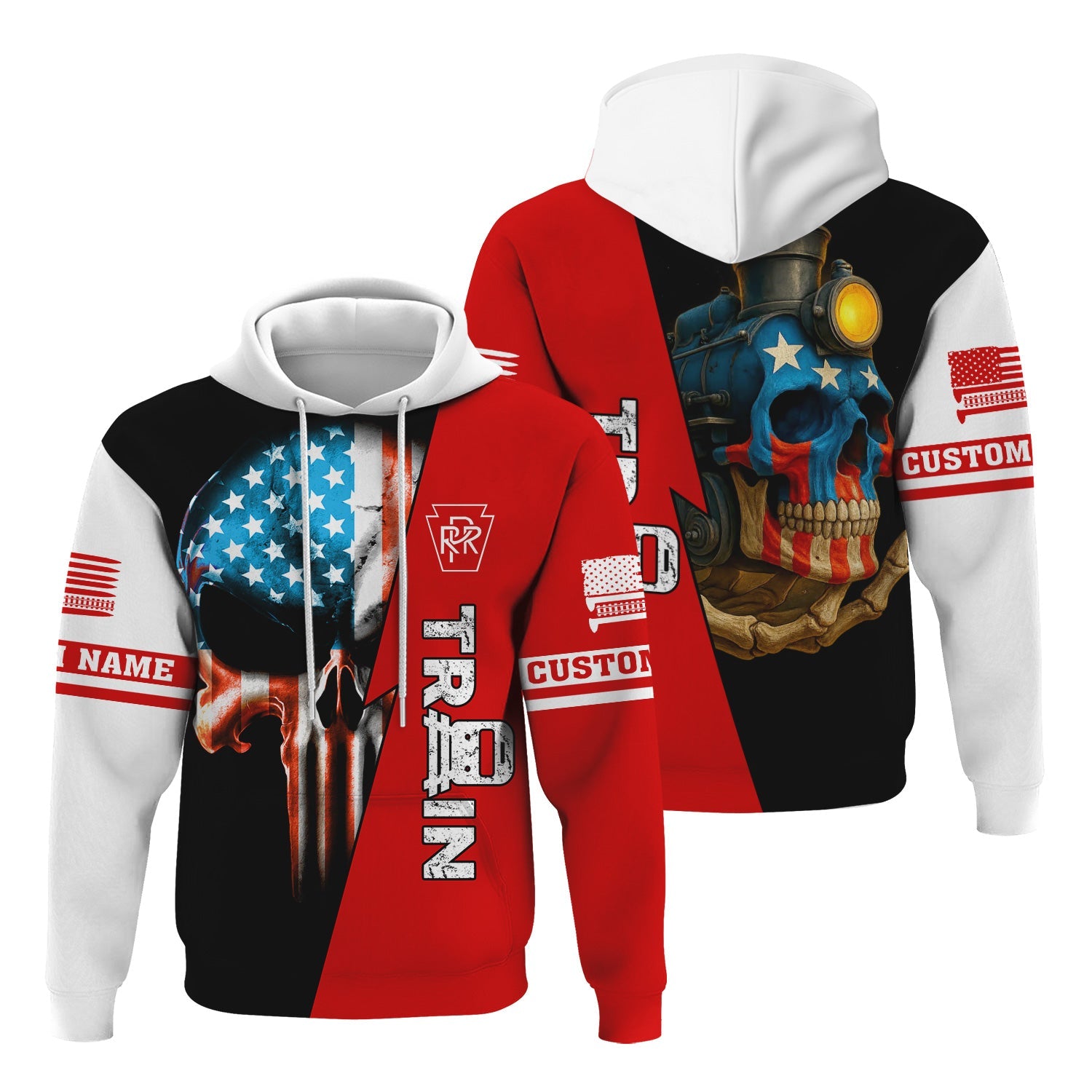 Railspirit Personalized Pennsylvania Railroad Hoodie Train Skull American Flag Zip Up Hoodie All Over Print