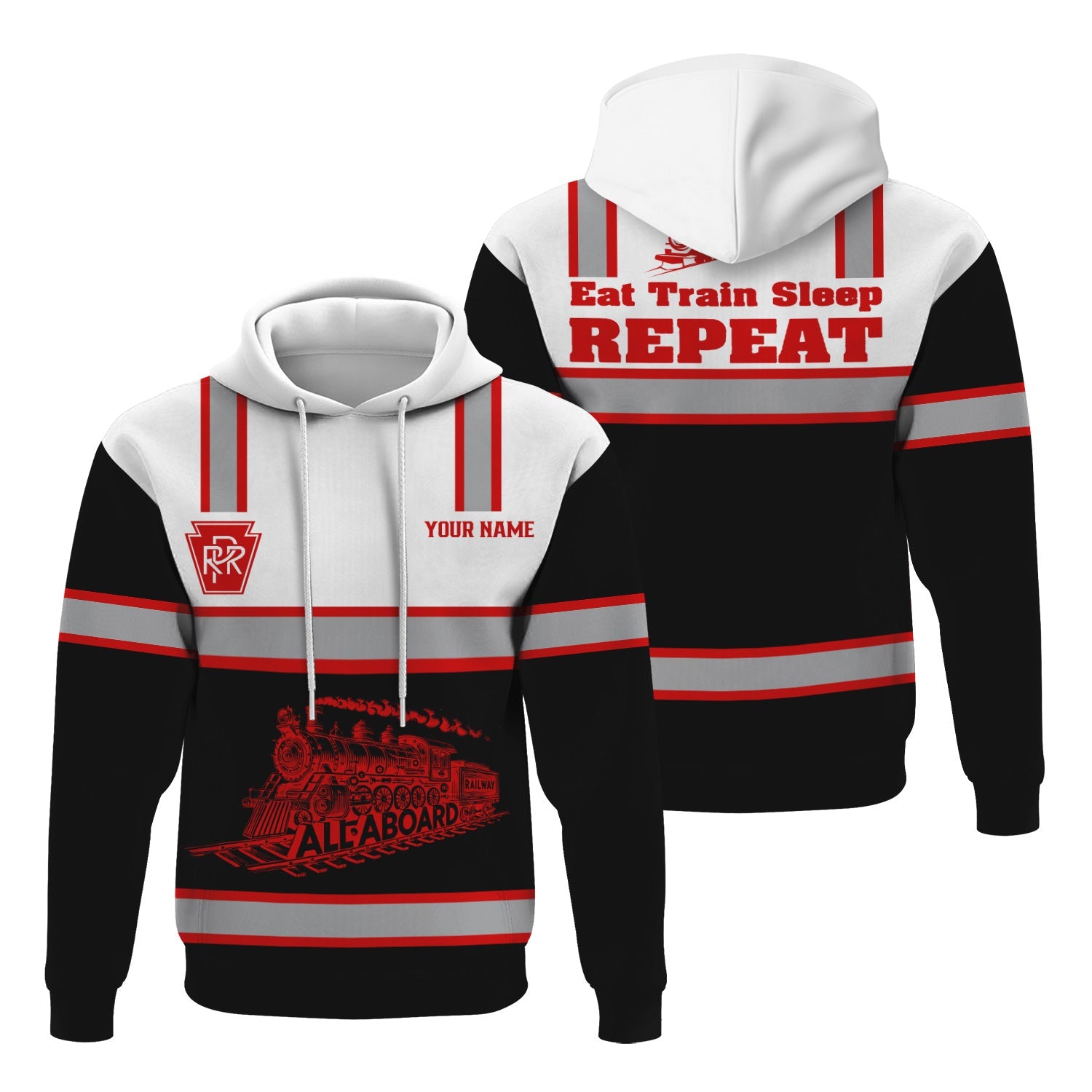 Railspirit Custom Name Pennsylvania Railroad Hoodie Eat Train Sleep Repeat Printed Train Zip Hoodie