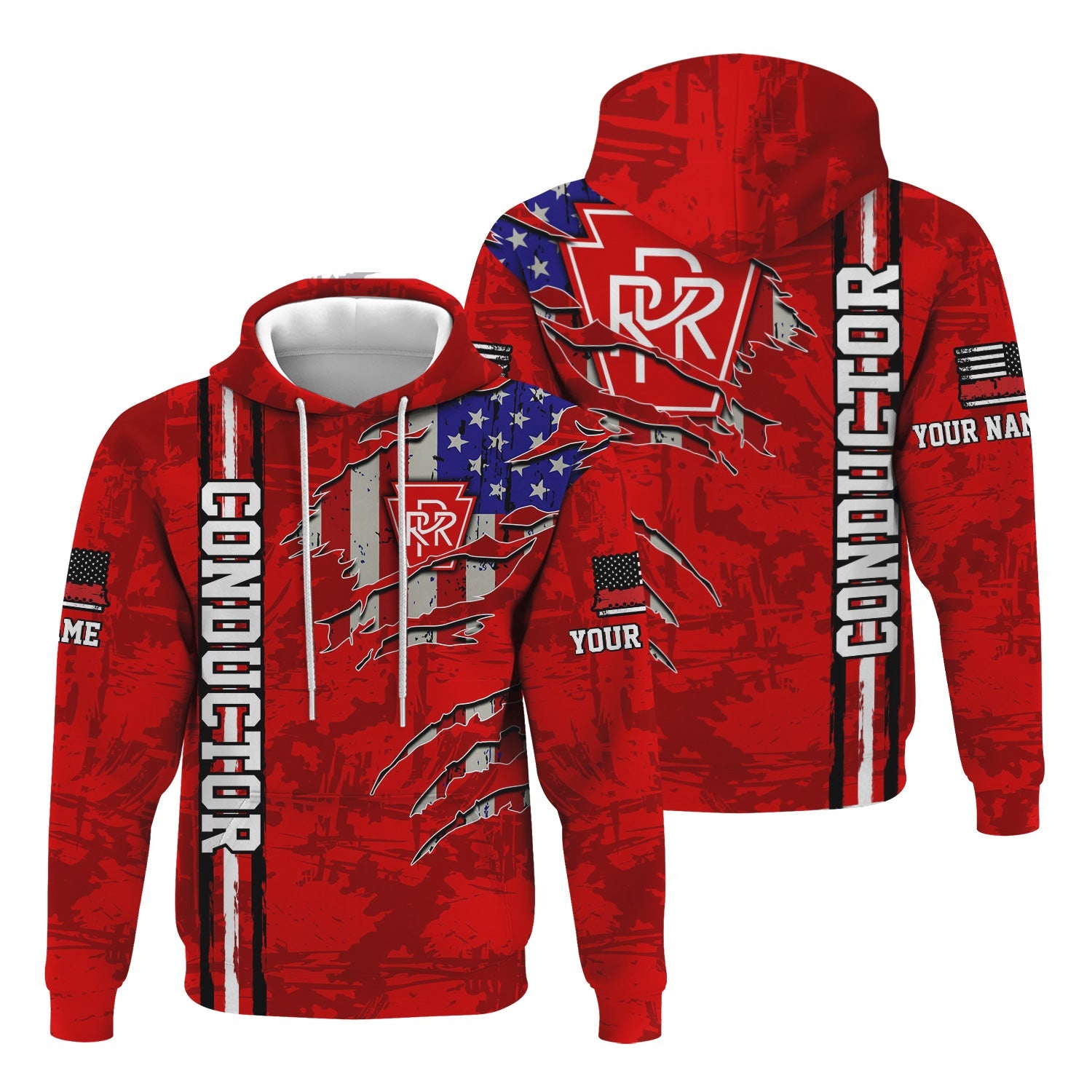 Railspirit Personalized Pennsylvania Railroad Hoodie USA Flag Claw Art with Custom Job Train Zip Up Hoodie