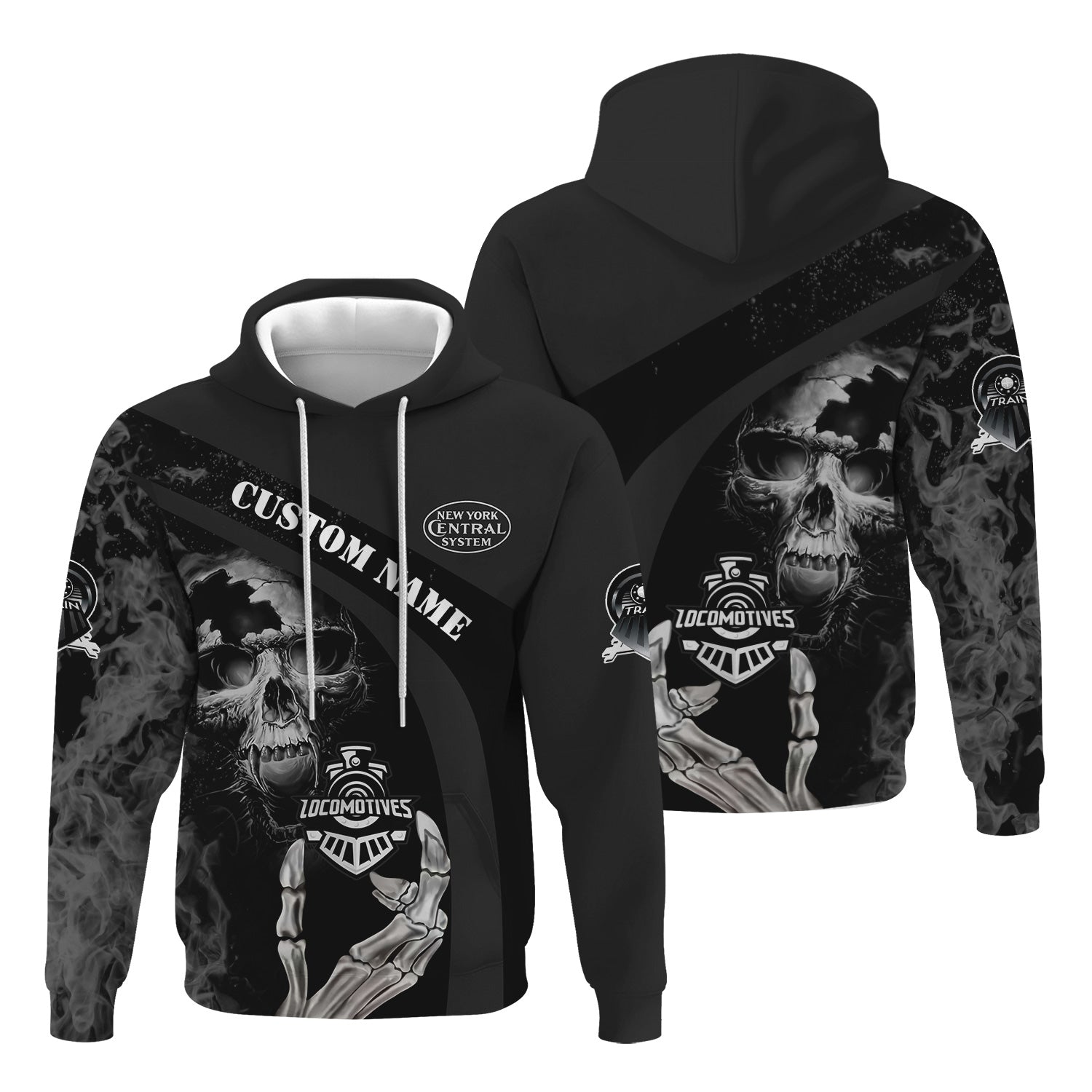Railspirit Personalized New York Central Railroad Hoodie Flame Skull Design Train Zip Up Hoodie for Locomotive Fans