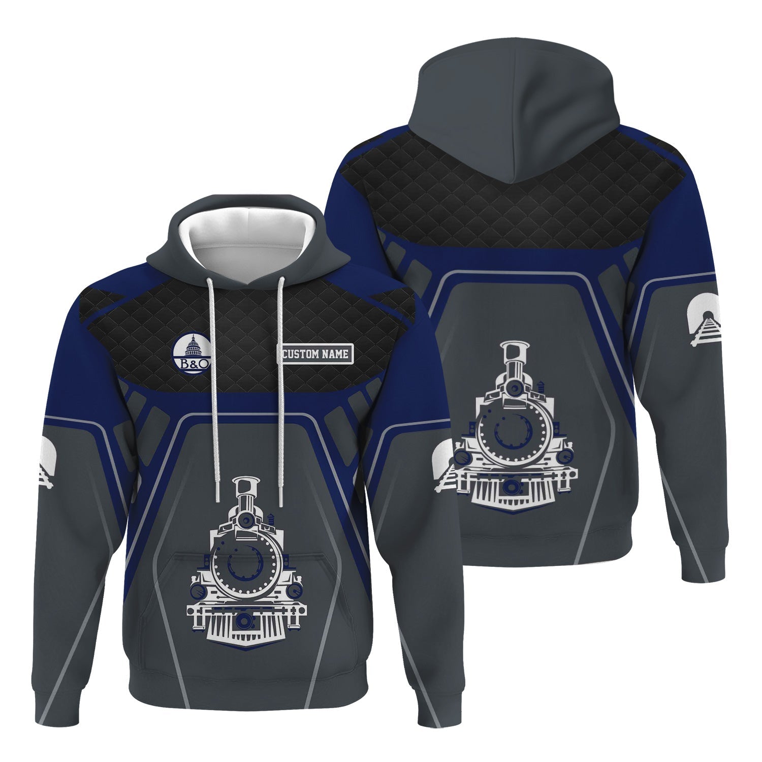 Railspirit Personalized Baltimore and Ohio Railroad Hoodie Steam Locomotive Engine Graphic B&O Train Zip Up Hoodie All Over Print