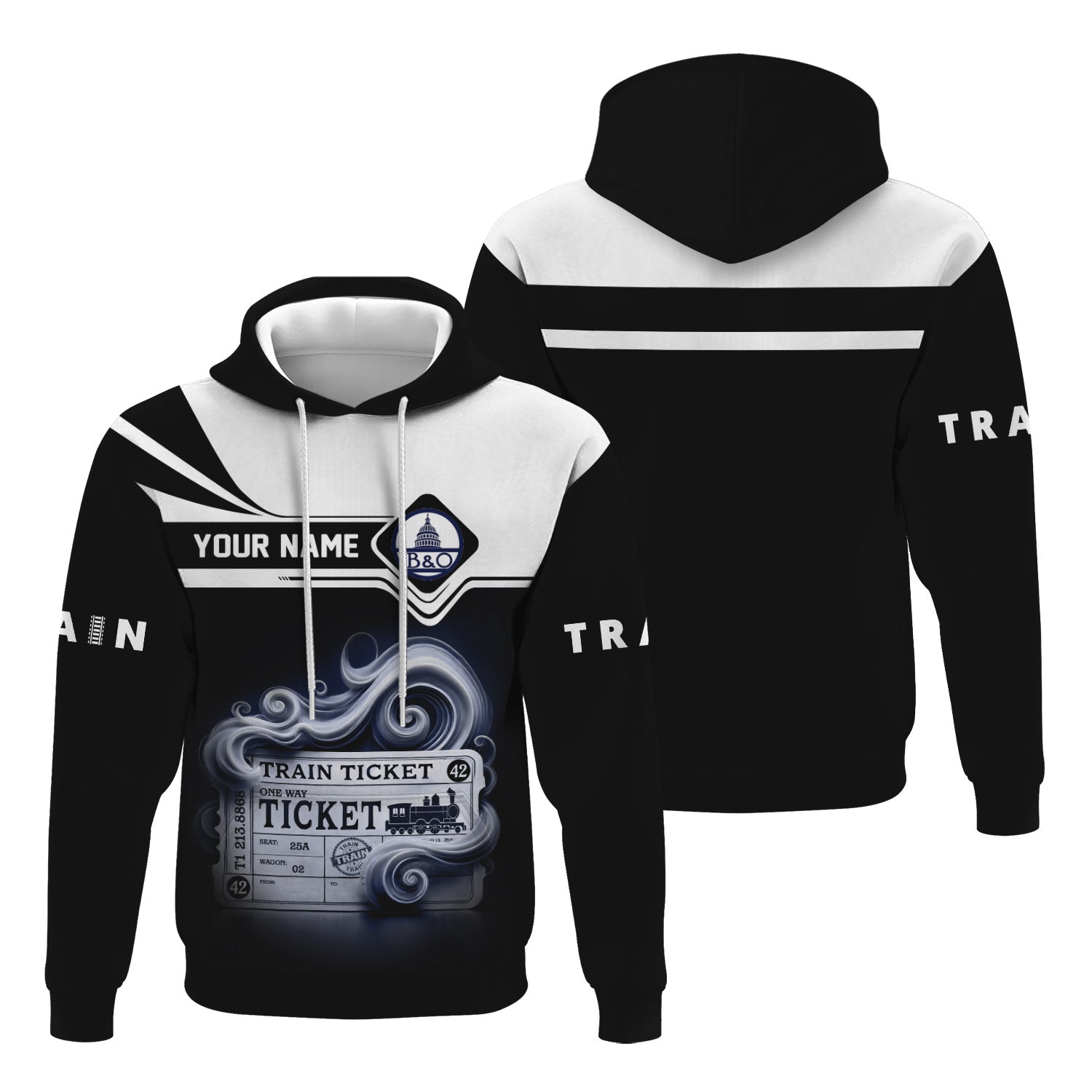 Railspirit Custom Name Baltimore and Ohio Railroad Hoodie American Train Ticket B&O Printed Zip Hoodie