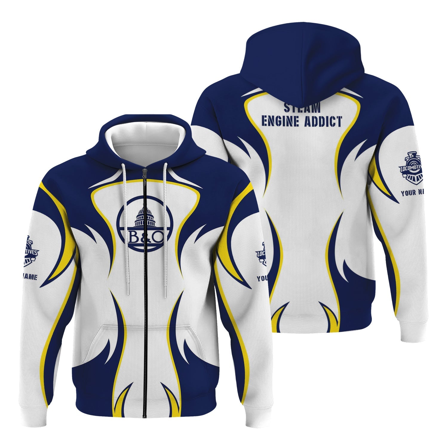 Railspirit Personalized Baltimore and Ohio Railroad Hoodie Distinctive Flame Style B&O Zip Up Hoodie For Steam Engine Addict