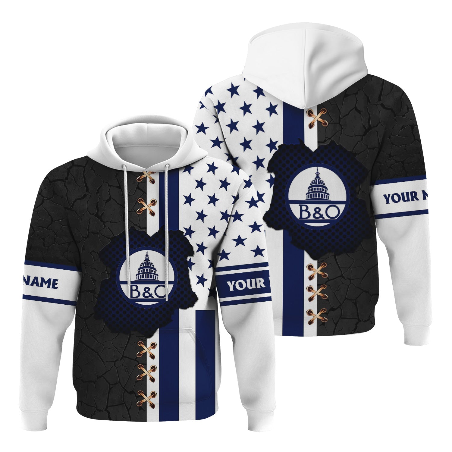 Railspirit Personalized Baltimore and Ohio Railroad Hoodie American Flag with Crack Effect B&O Train Zip Up Hoodie