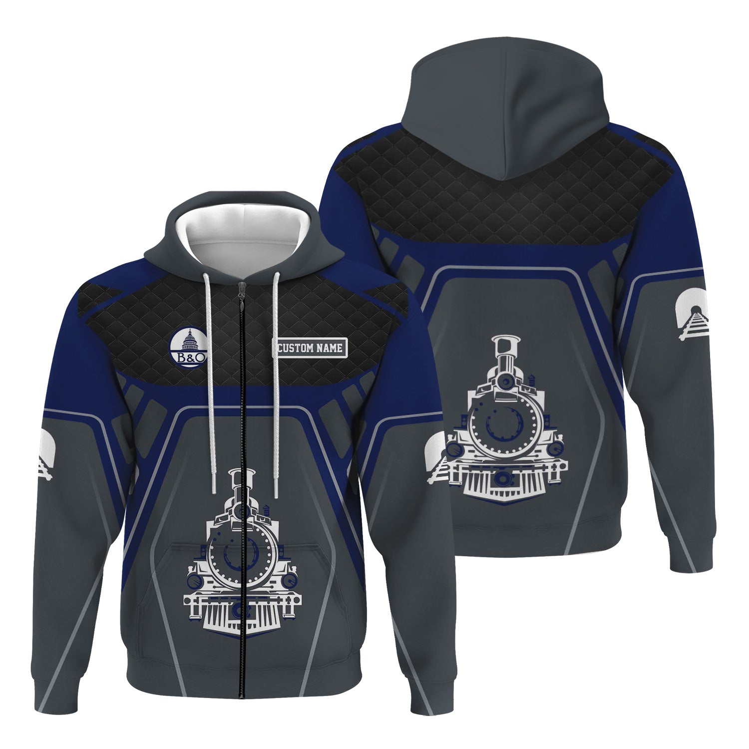 Railspirit Personalized Baltimore and Ohio Railroad Hoodie Steam Locomotive Engine Graphic B&O Train Zip Up Hoodie All Over Print