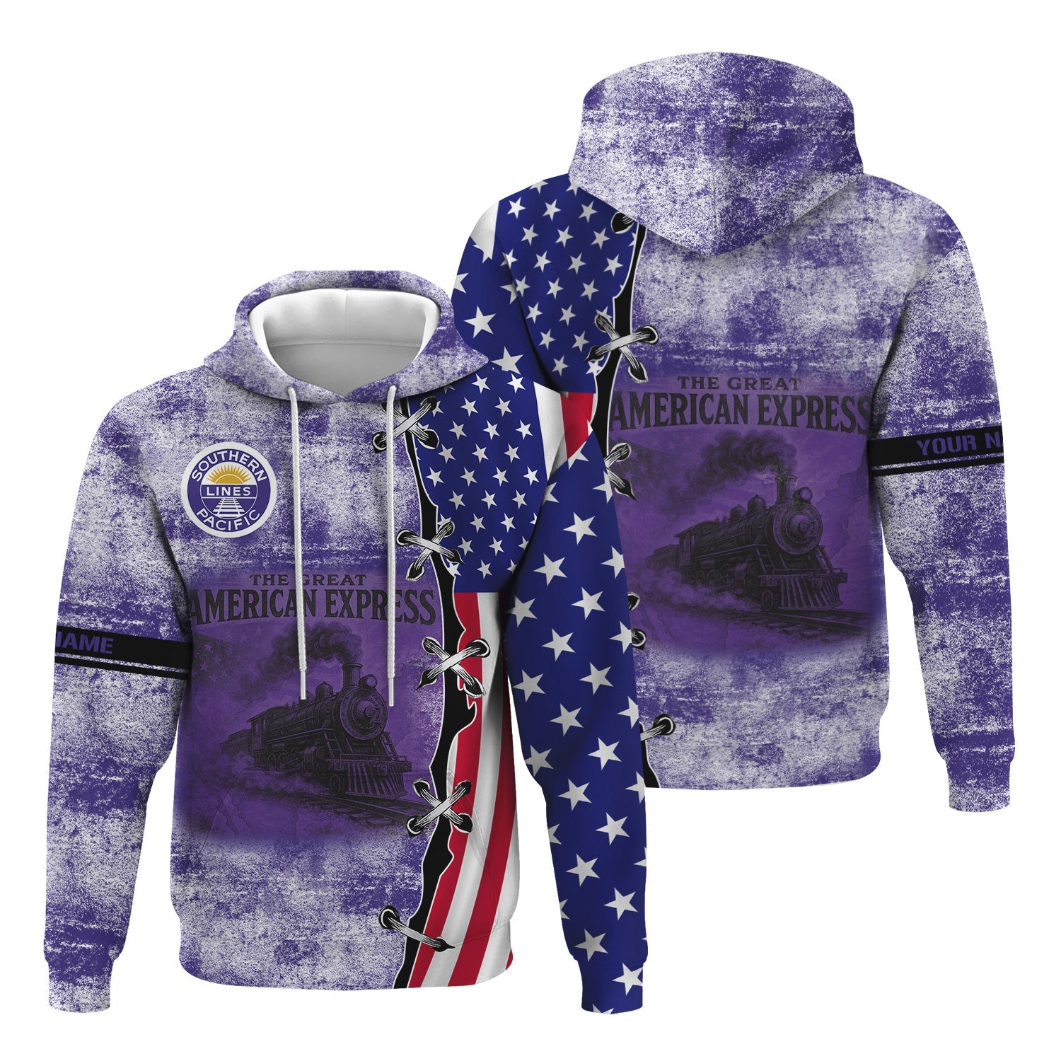 Railspirit Personalized Southern Pacific Railroad Hoodie Retro American Express Train With USA Flag Zip Up Hoodie