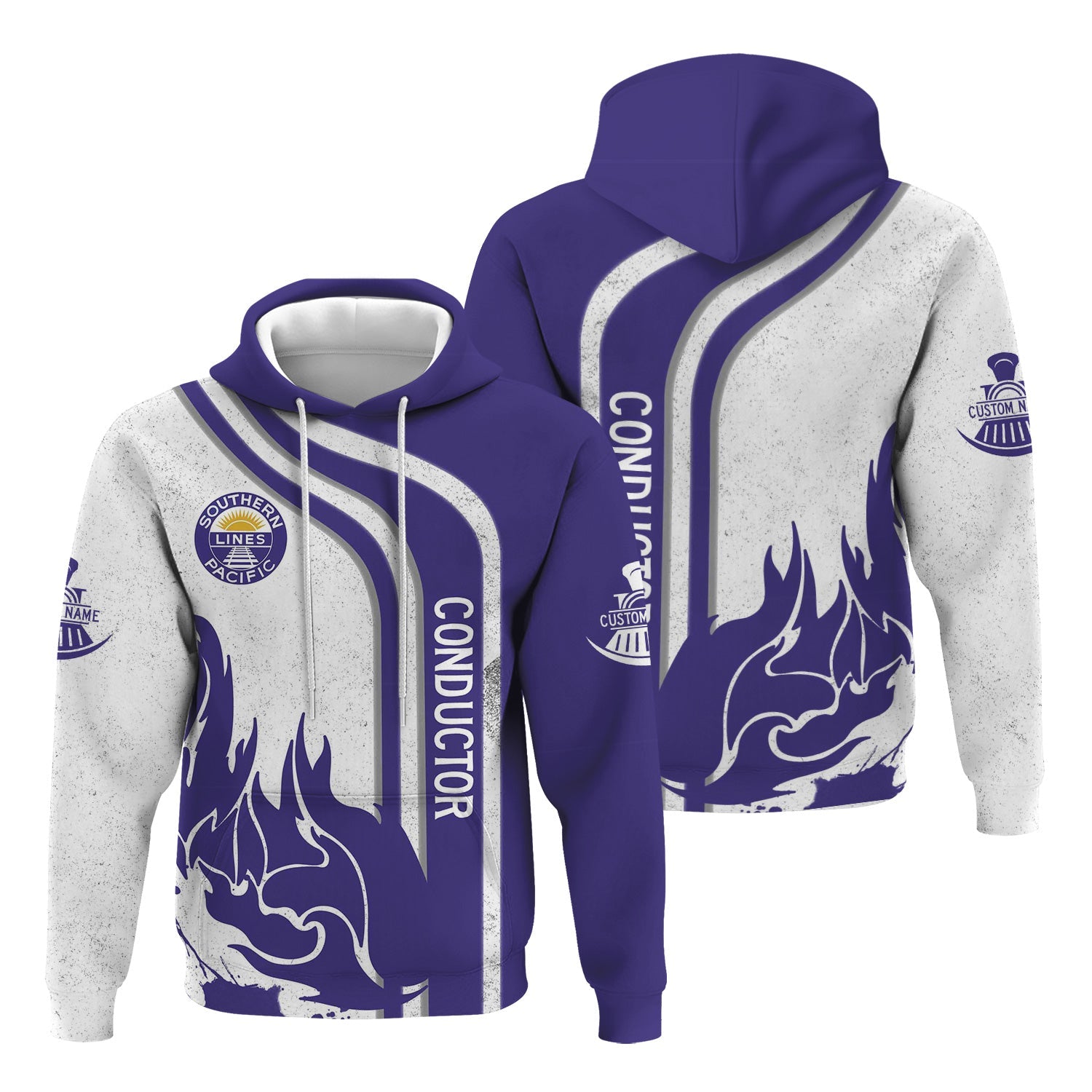 Railspirit Personalized Southern Pacific Railroad Hoodie Flame Design with Custom Job Position Train Zip Up Hoodie