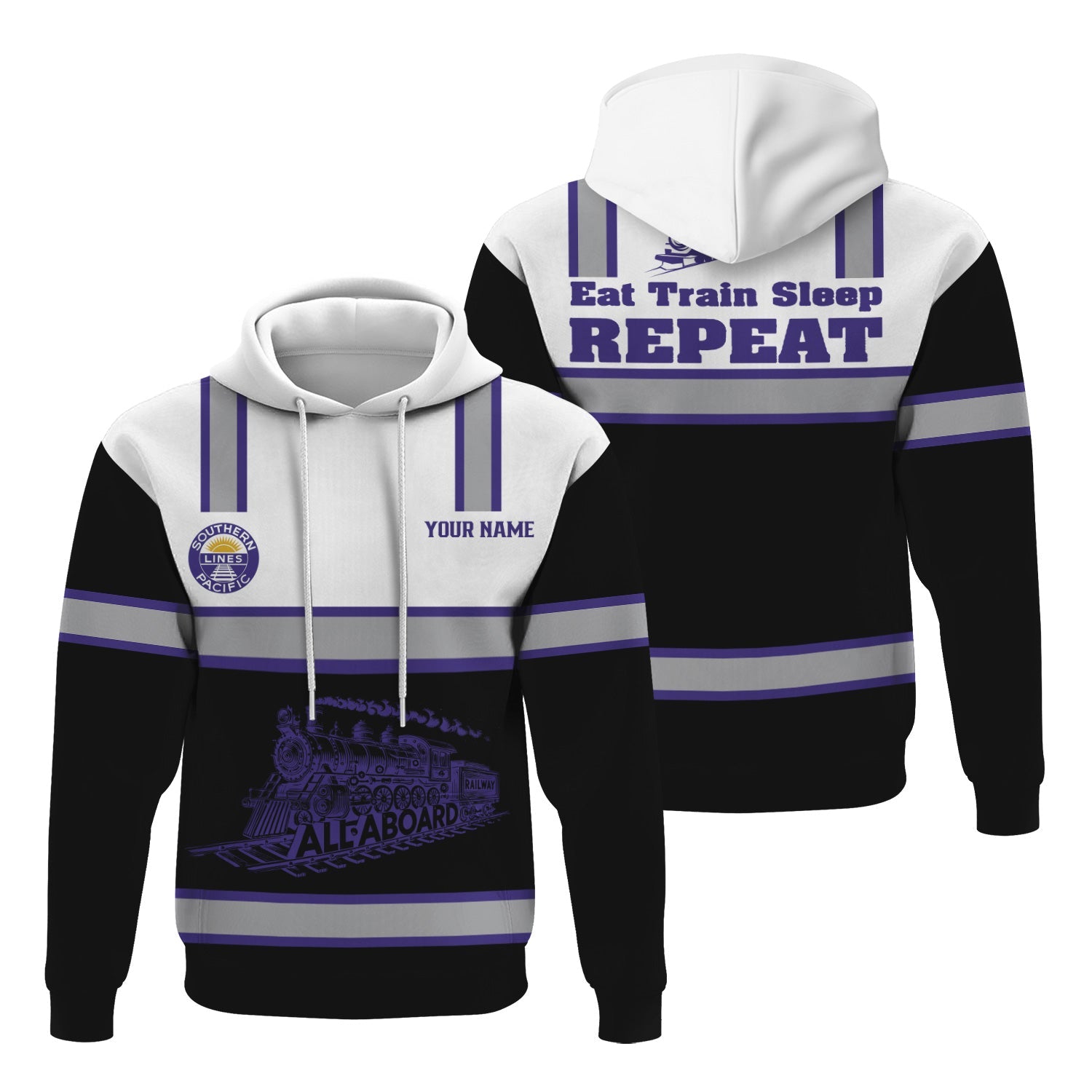 Railspirit Custom Name Southern Pacific Railroad Hoodie Eat Train Sleep Repeat Printed Train Zip Hoodie