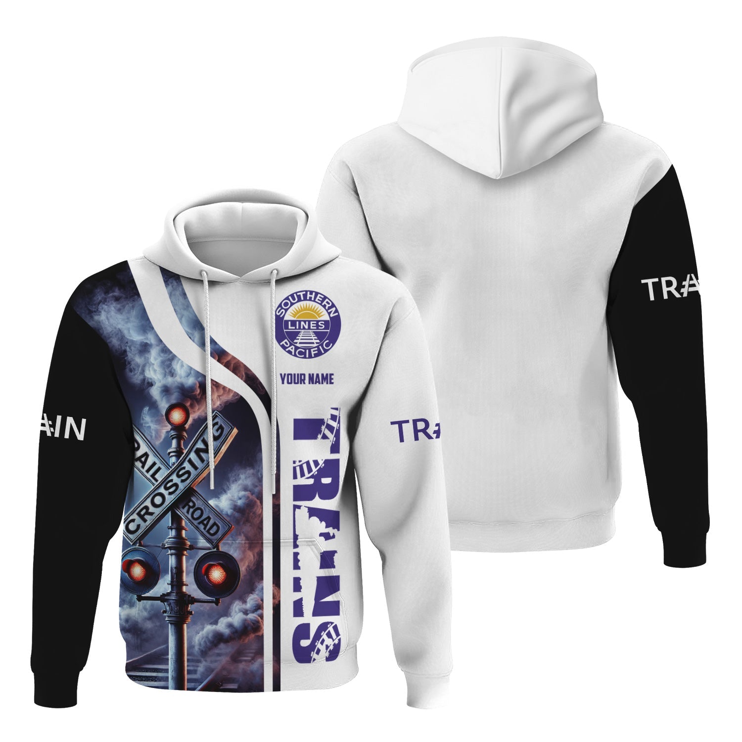 Railspirit Custom Name Southern Pacific Railroad Hoodie Railroad Crossing Sign Printed Zip Hoodie