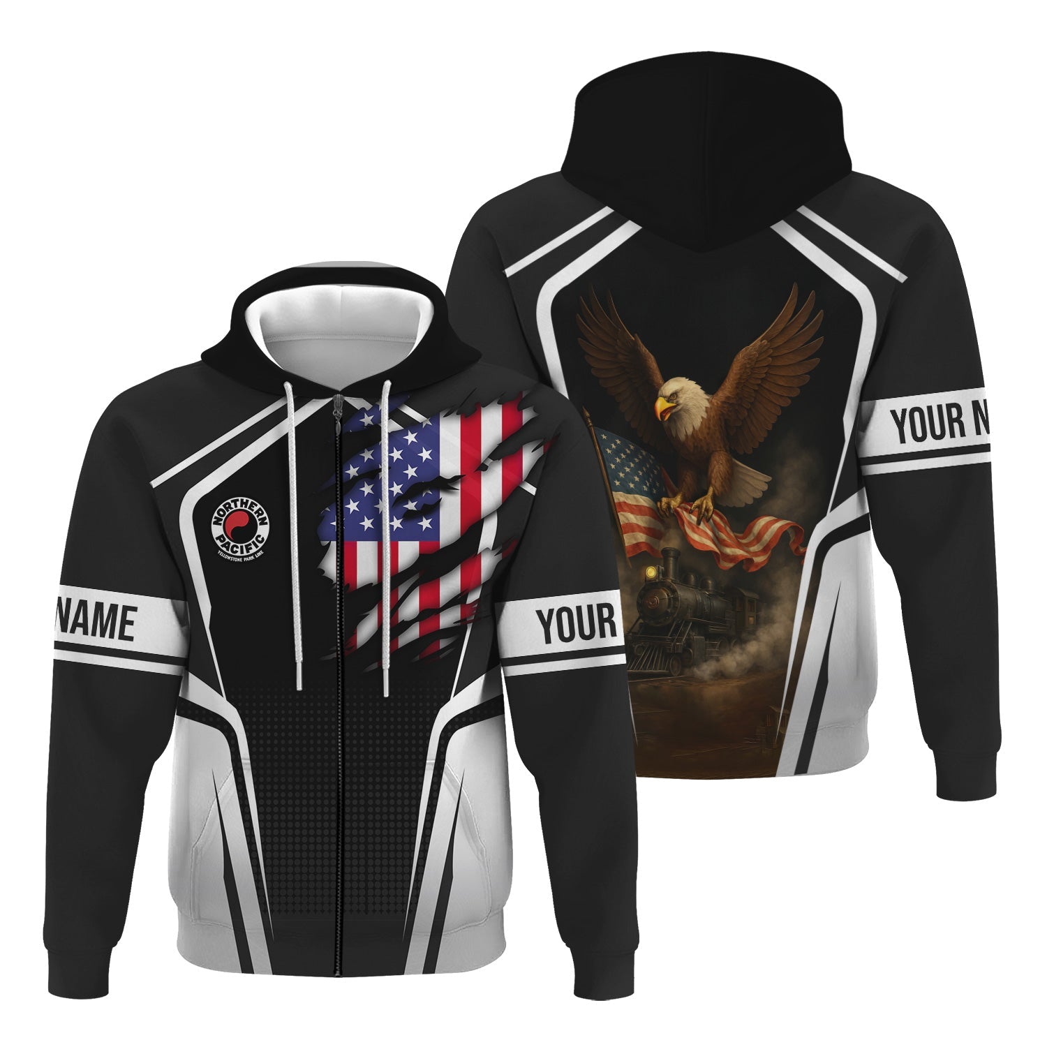 Railspirit Personalized Northern Pacific Railway Hoodie American Eagle Vintage Train Zip Up Hoodie
