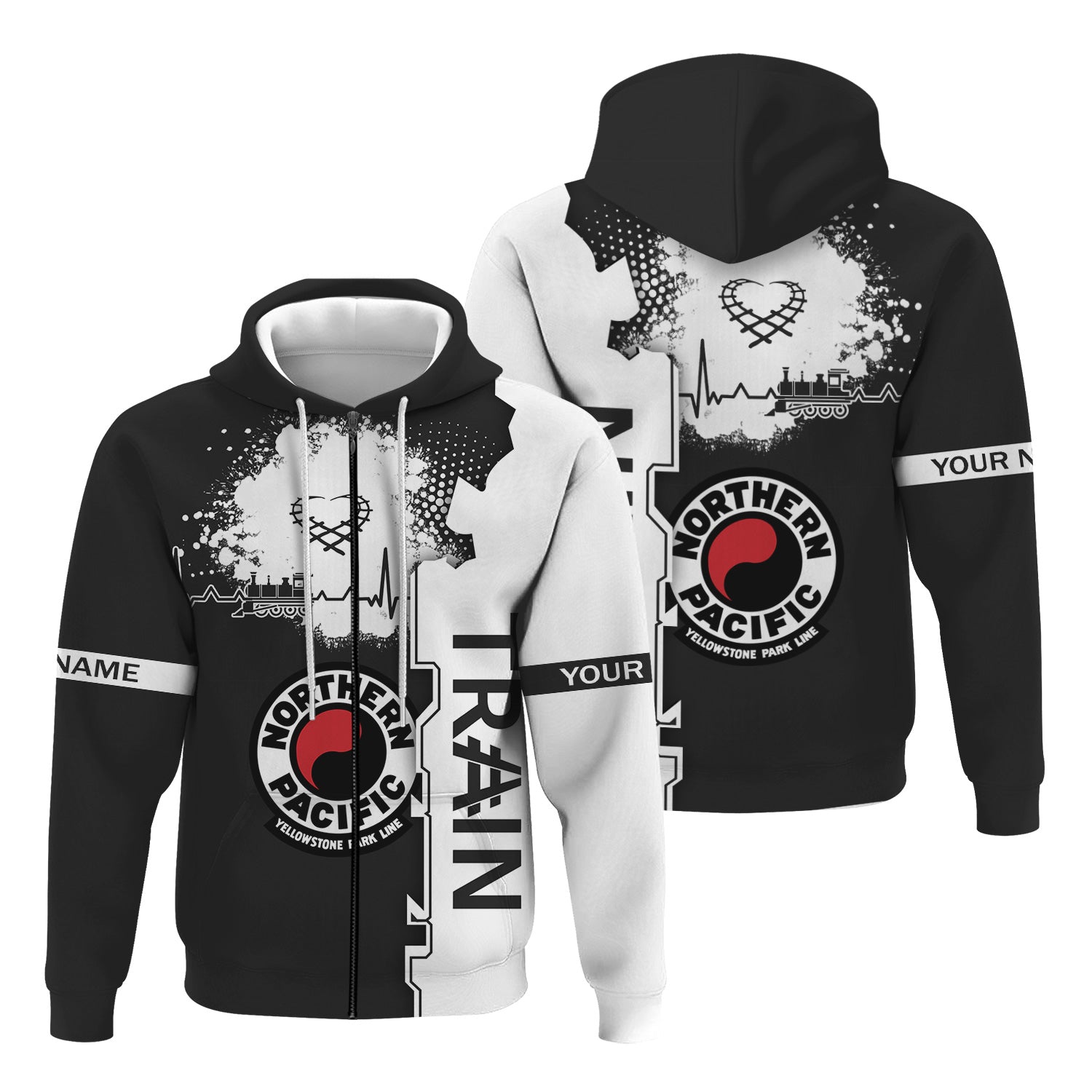 Railspirit Personalized Northern Pacific Railway Hoodie Engine Heartbeat and Track Love Style Zip Up Hoodie Gift Idea For Train Lovers